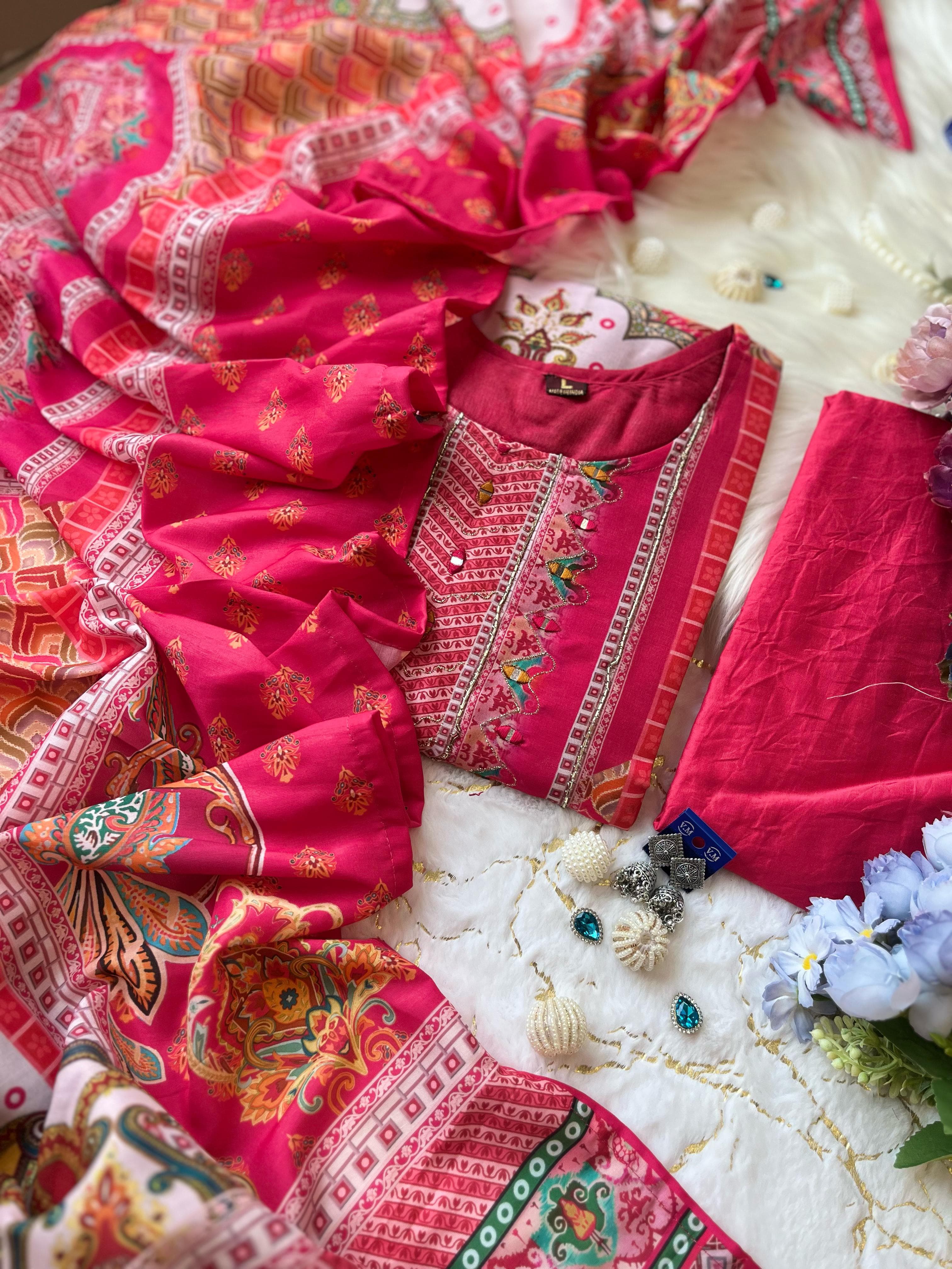 Beautifully Red Muslin Pakistani Suit Set with Digital Print