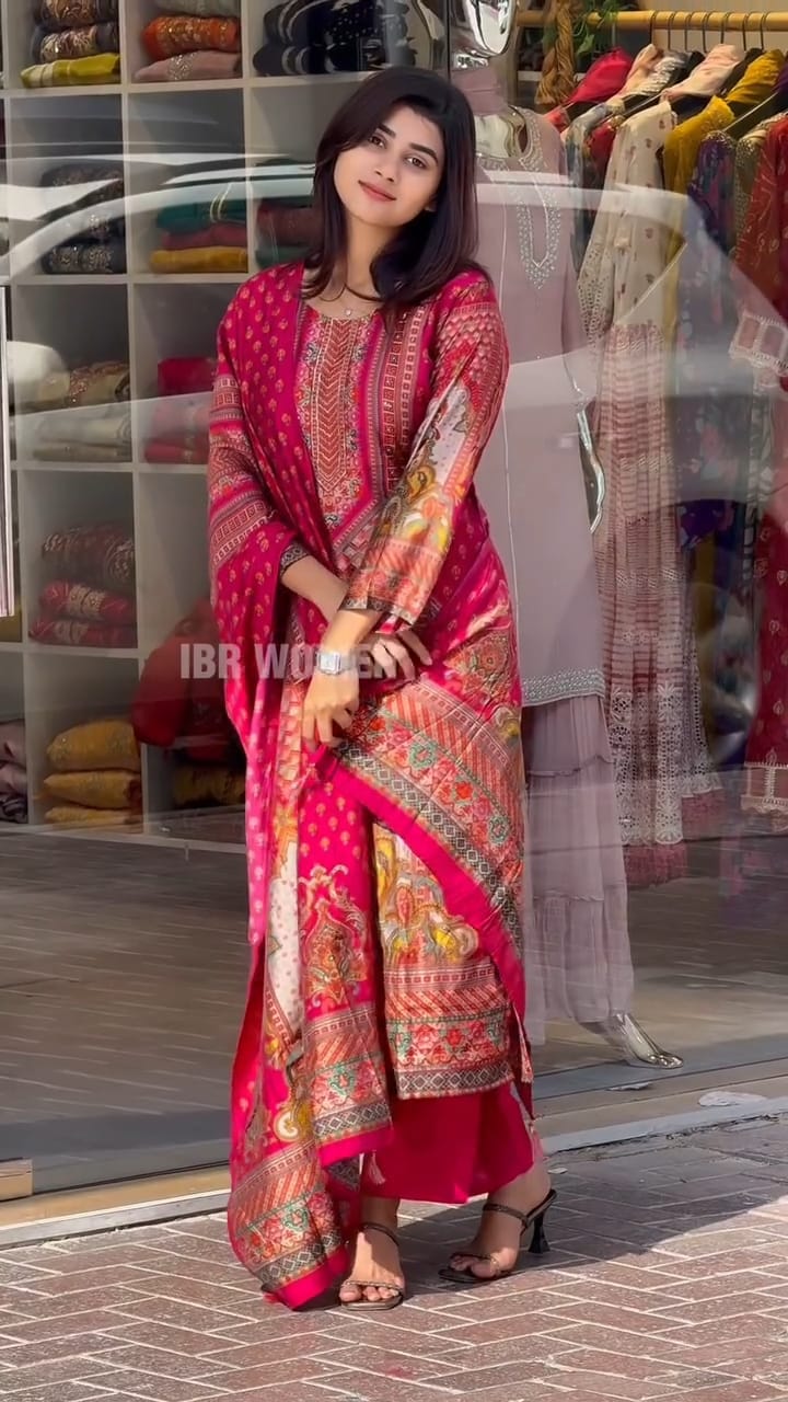Beautifully Red Muslin Pakistani Suit Set with Digital Print