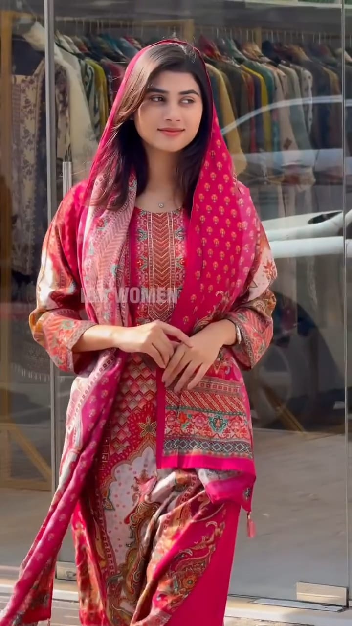 Beautifully Red Muslin Pakistani Suit Set with Digital Print