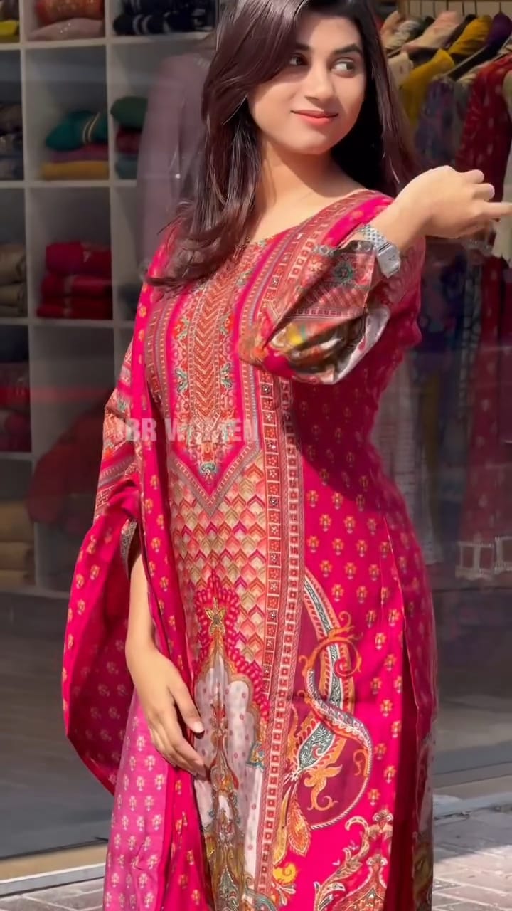 Beautifully Red Muslin Pakistani Suit Set with Digital Print