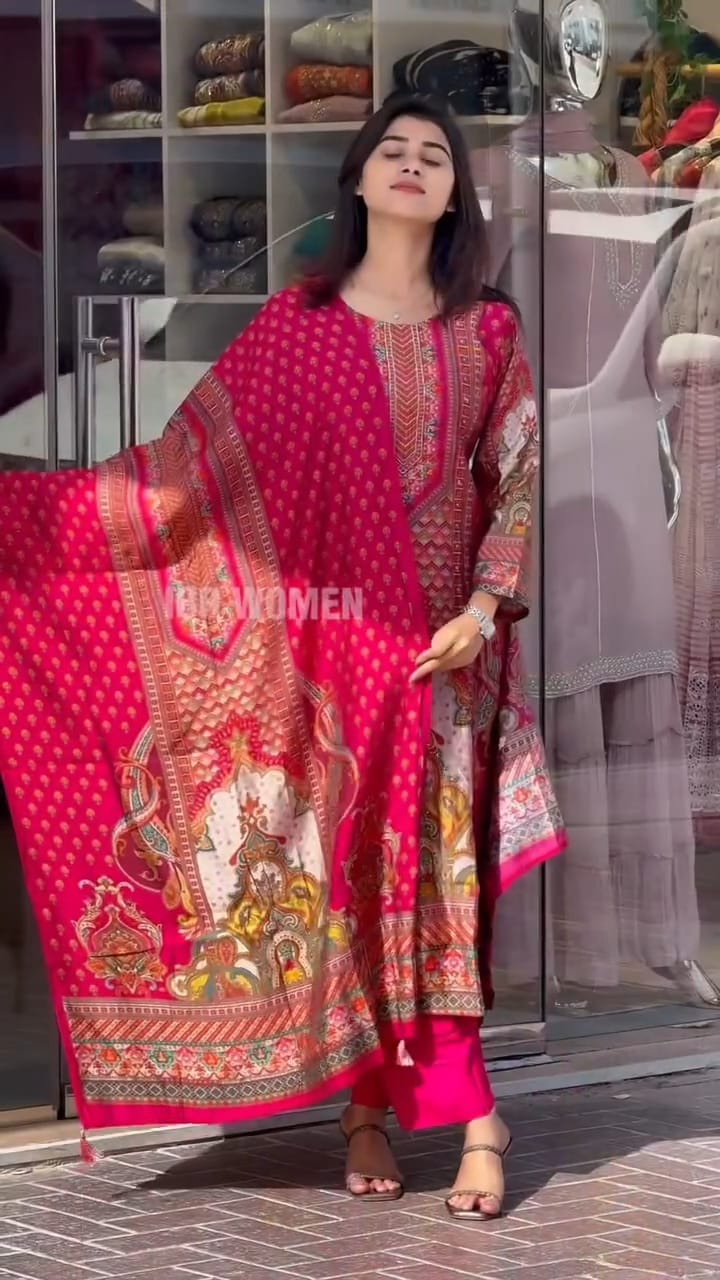 Beautifully Red Muslin Pakistani Suit Set with Digital Print