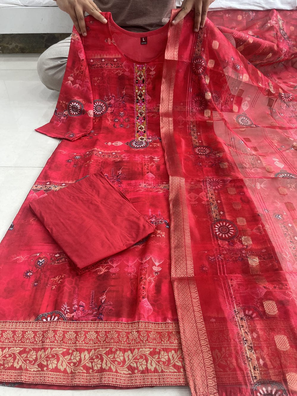 Beautiful Red Silk Zari Weaving Suit Set