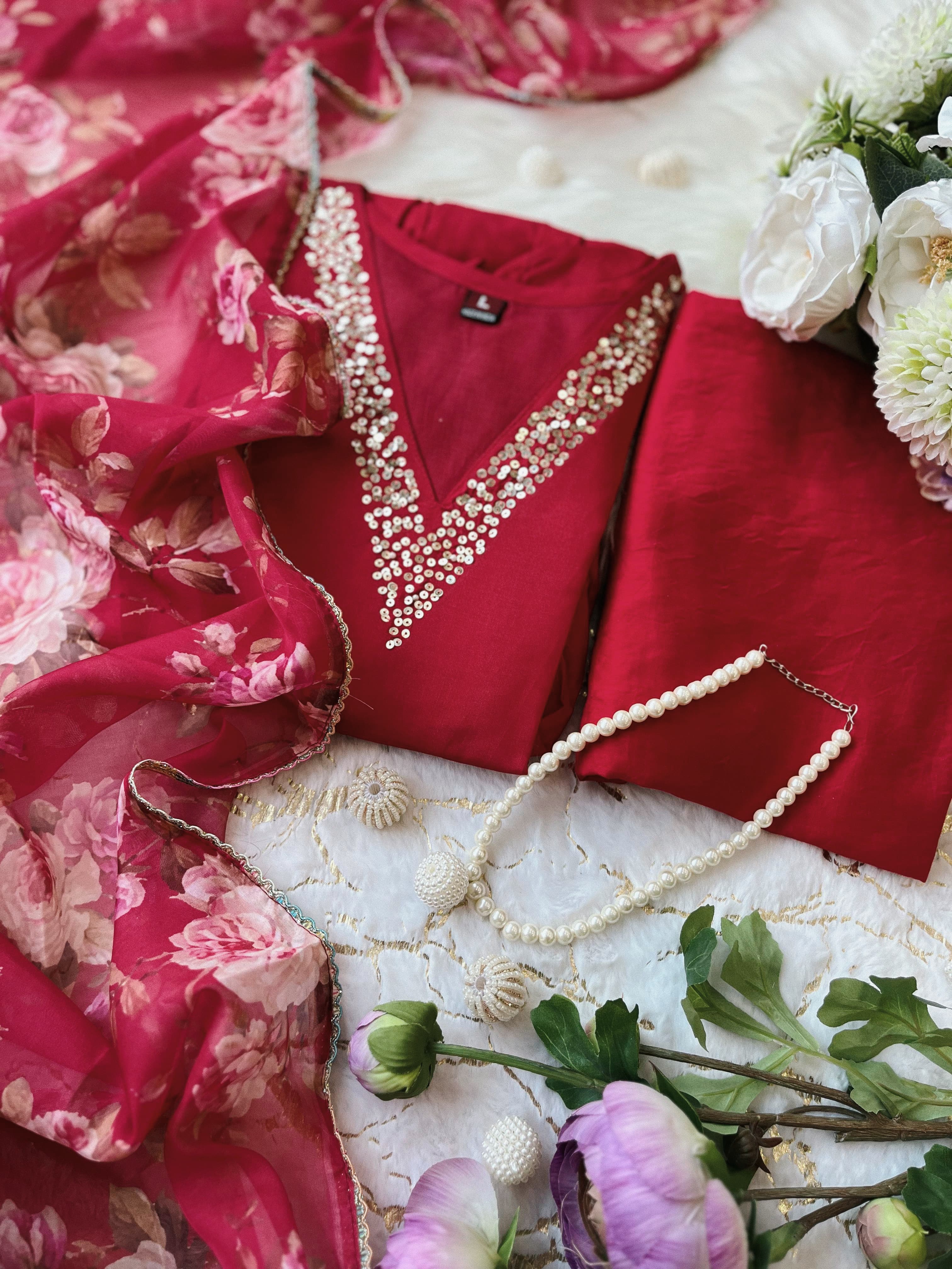 Pure Chanderi Pink Suit Set with Handcrafted Neck, Cotton Pants & Organza Dupatta