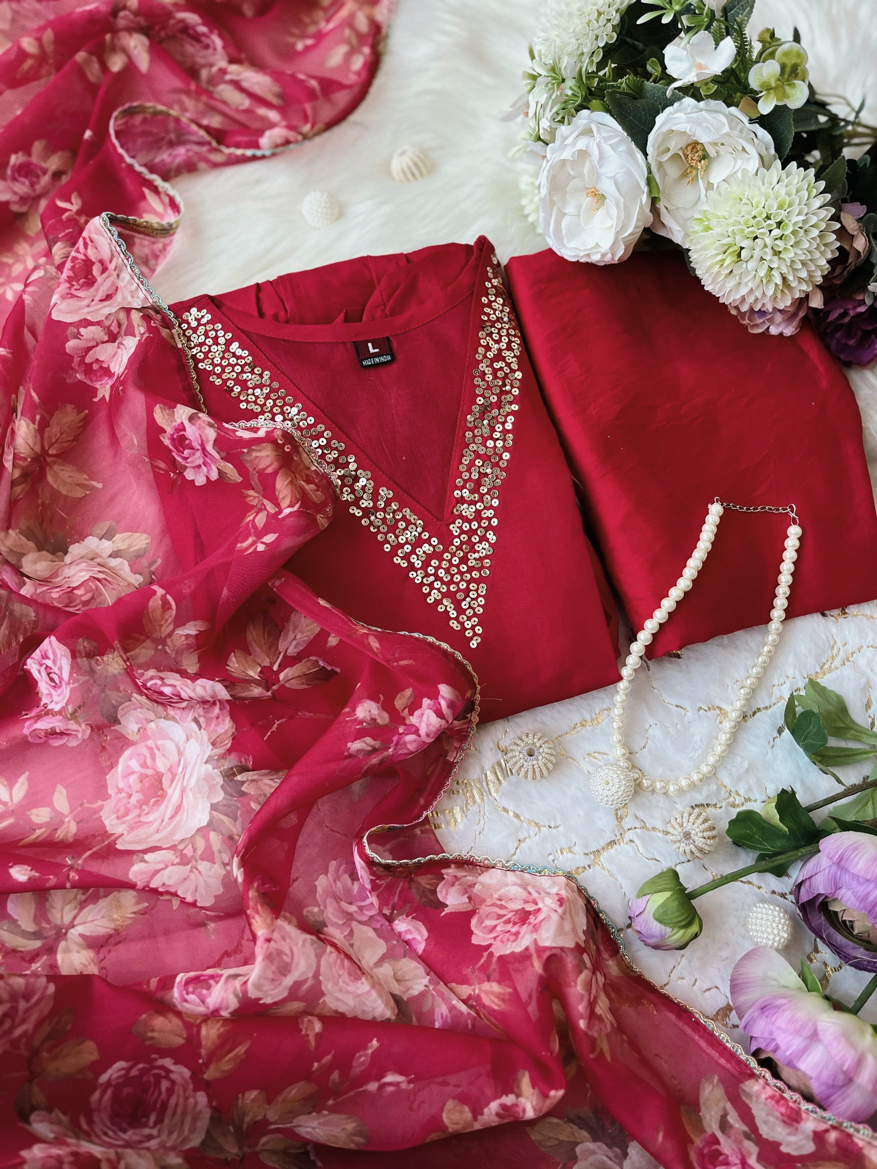 Pure Chanderi Pink Suit Set with Handcrafted Neck, Cotton Pants & Organza Dupatta