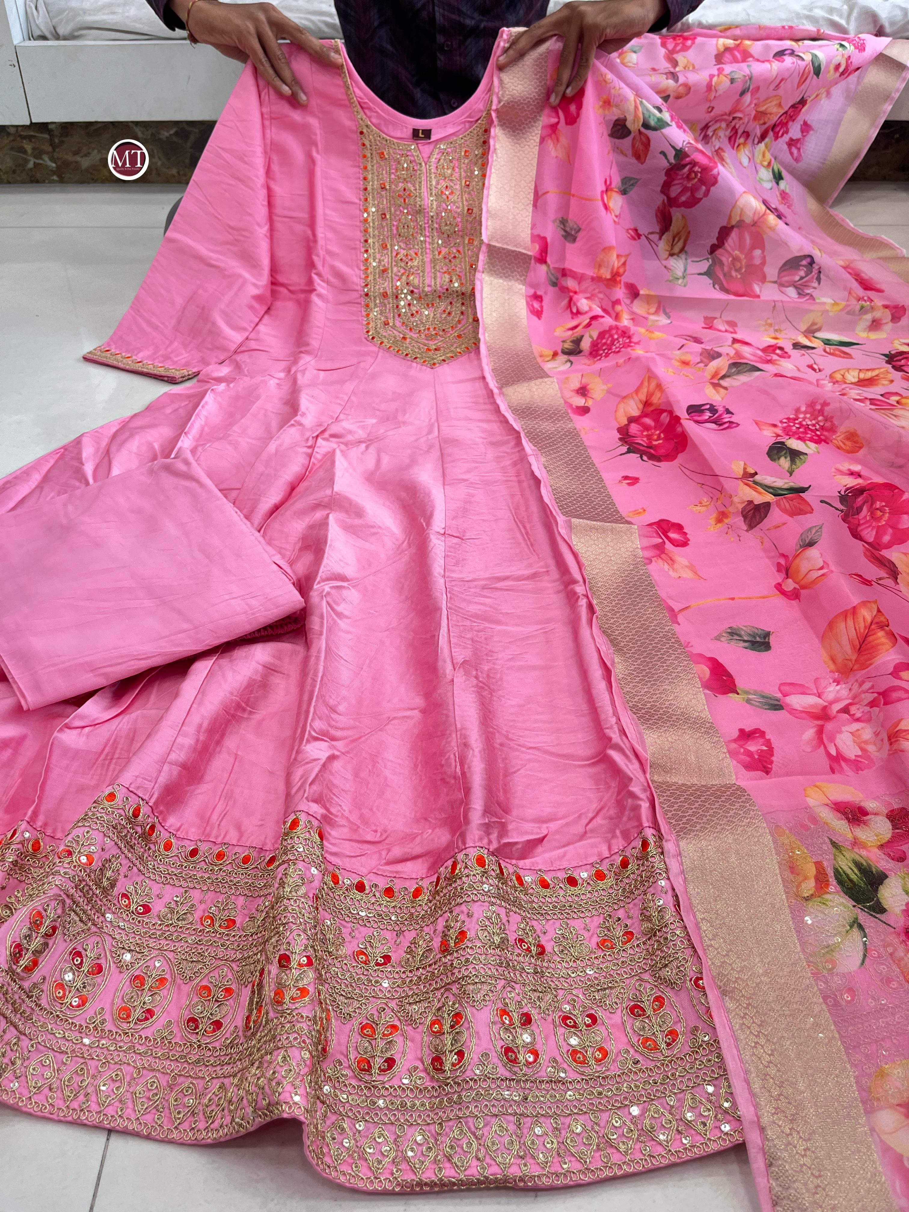 Royale Anarkali Silk With Flared Kurti, Pant & Banarasi Dupatta Set