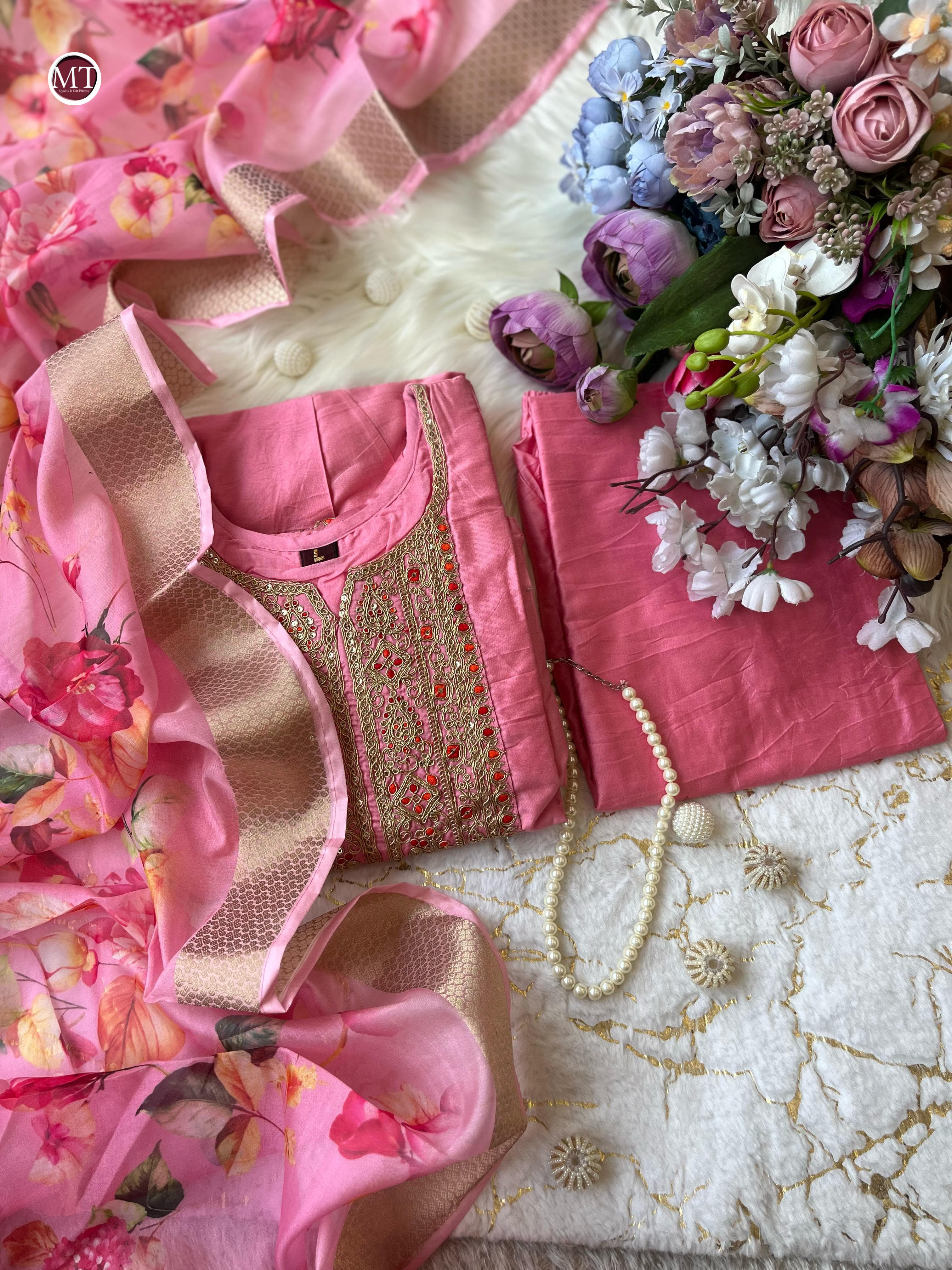 Royale Anarkali Silk With Flared Kurti, Pant & Banarasi Dupatta Set