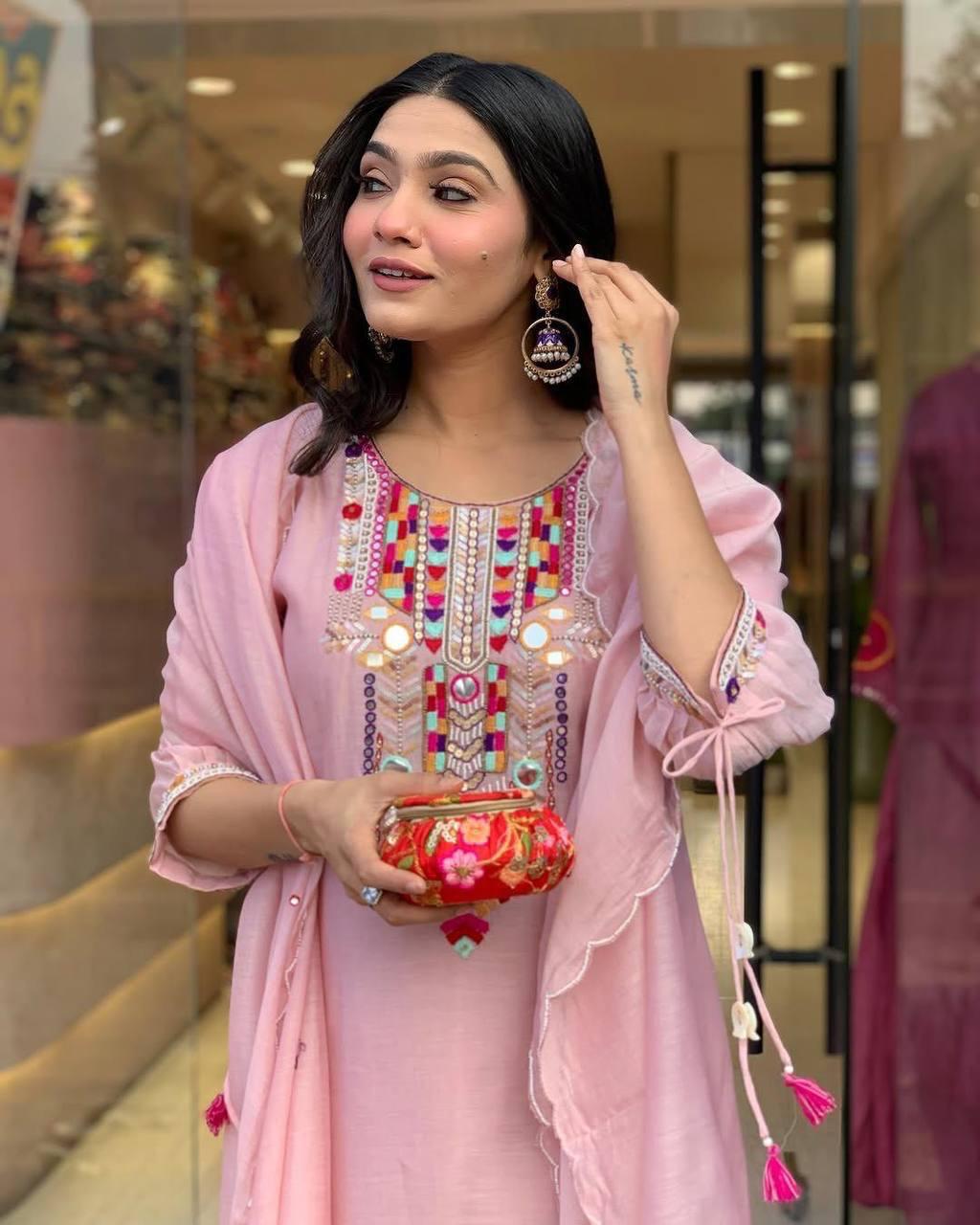 Cotton Silk Embroidered Suit Set with Chanderi Dupatta