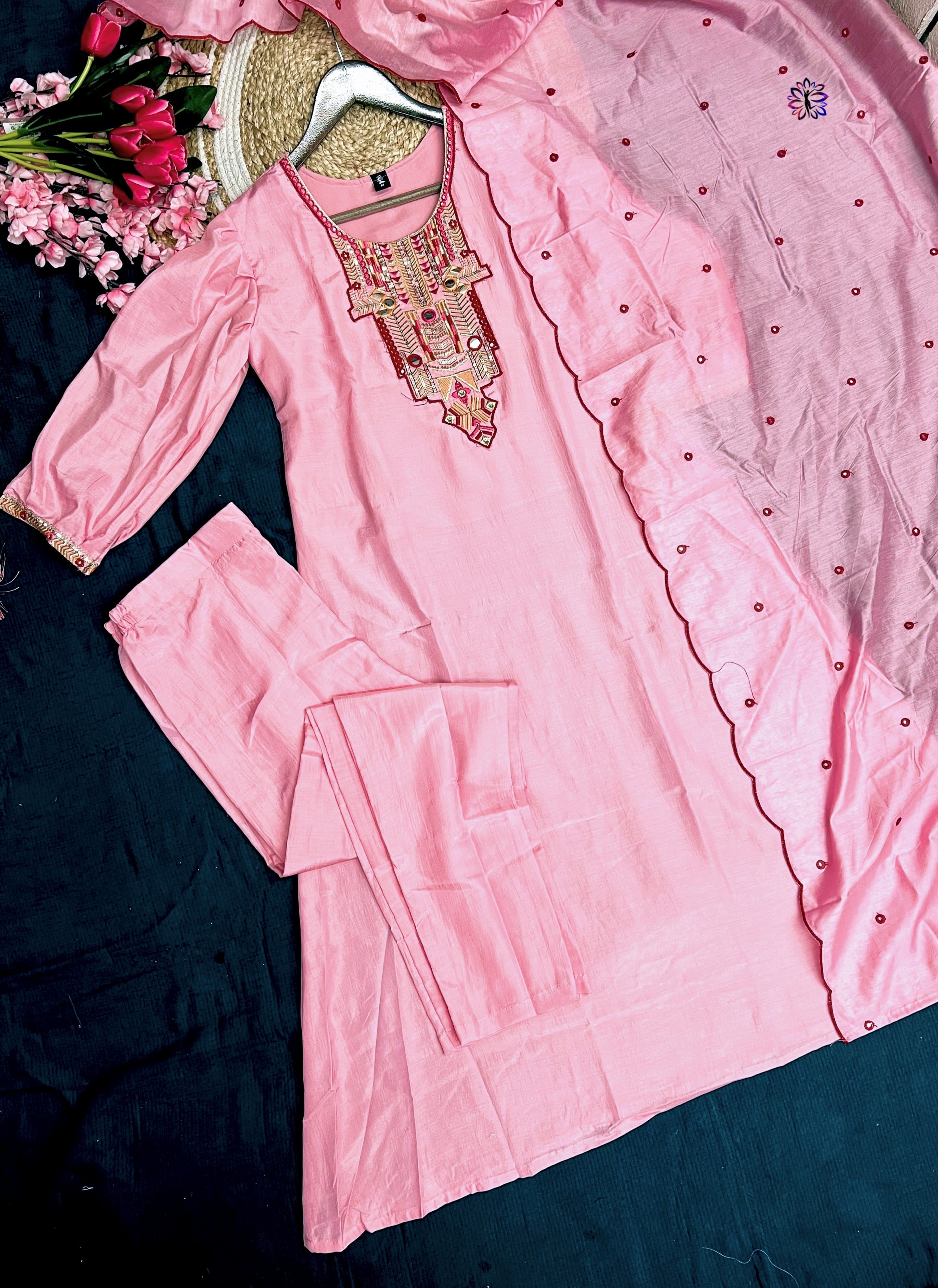 Cotton Silk Embroidered Suit Set with Chanderi Dupatta