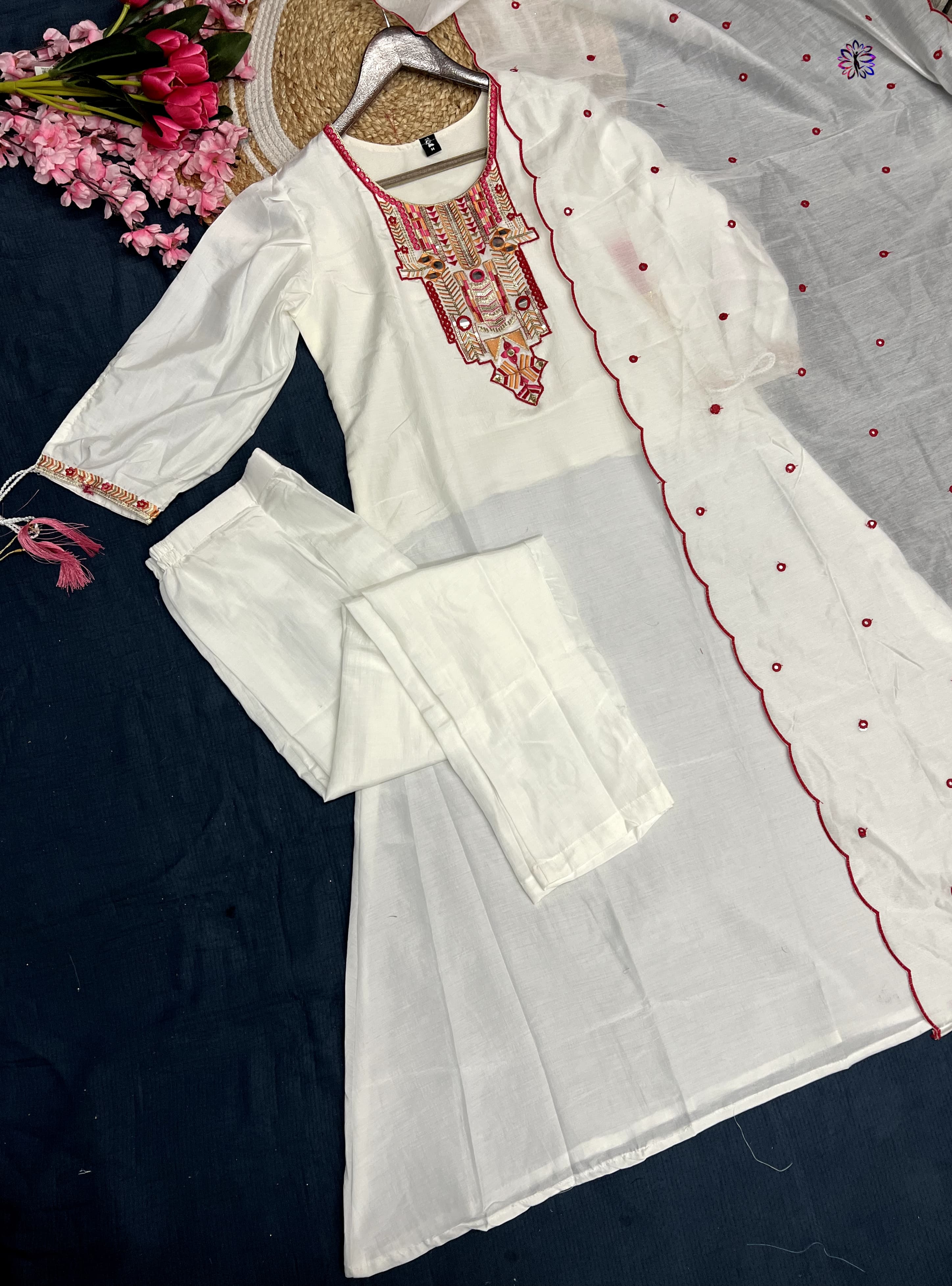 Cotton Silk Embroidered Suit Set with Chanderi Dupatta