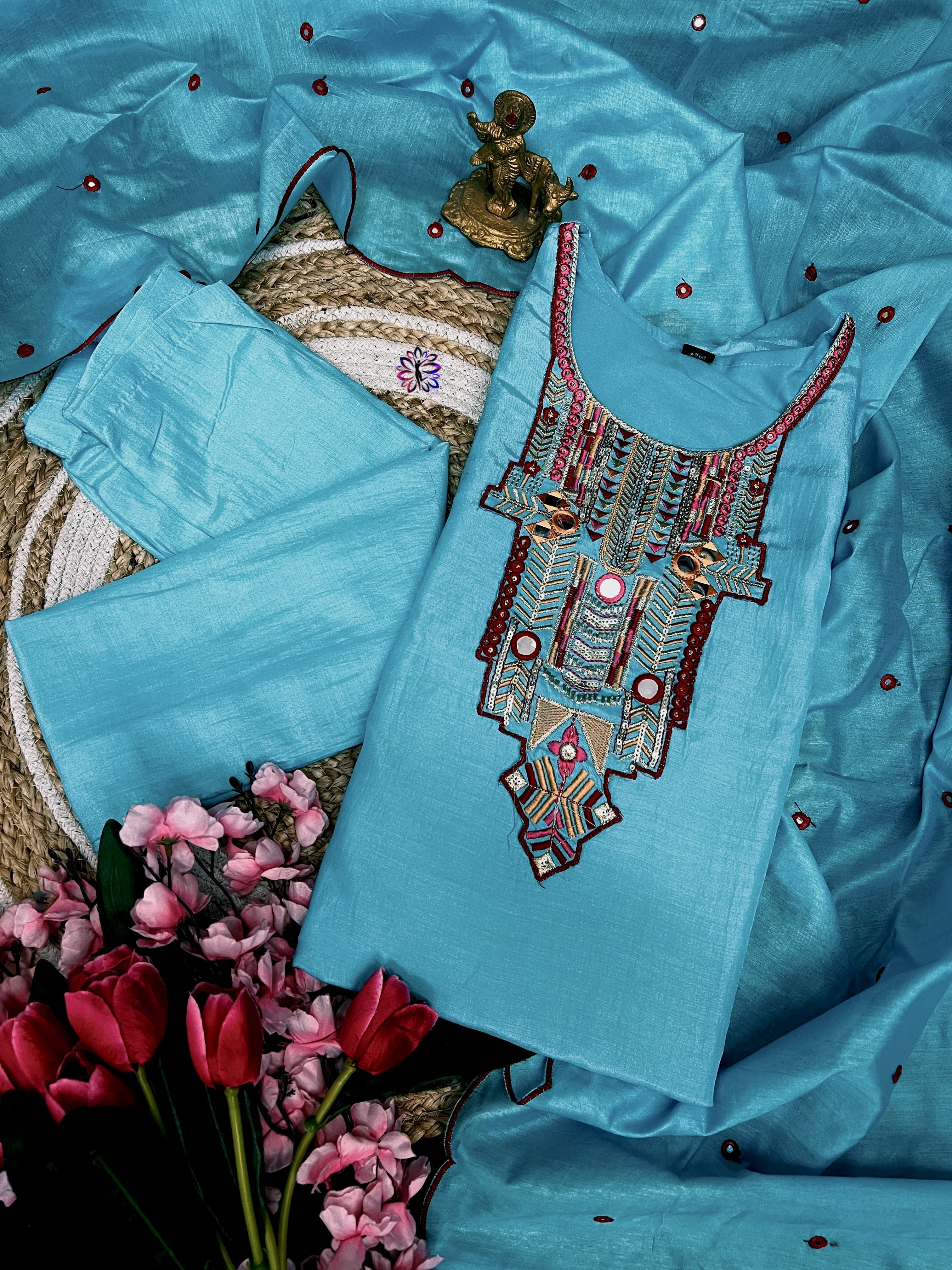 Cotton Silk Embroidered Suit Set with Chanderi Dupatta