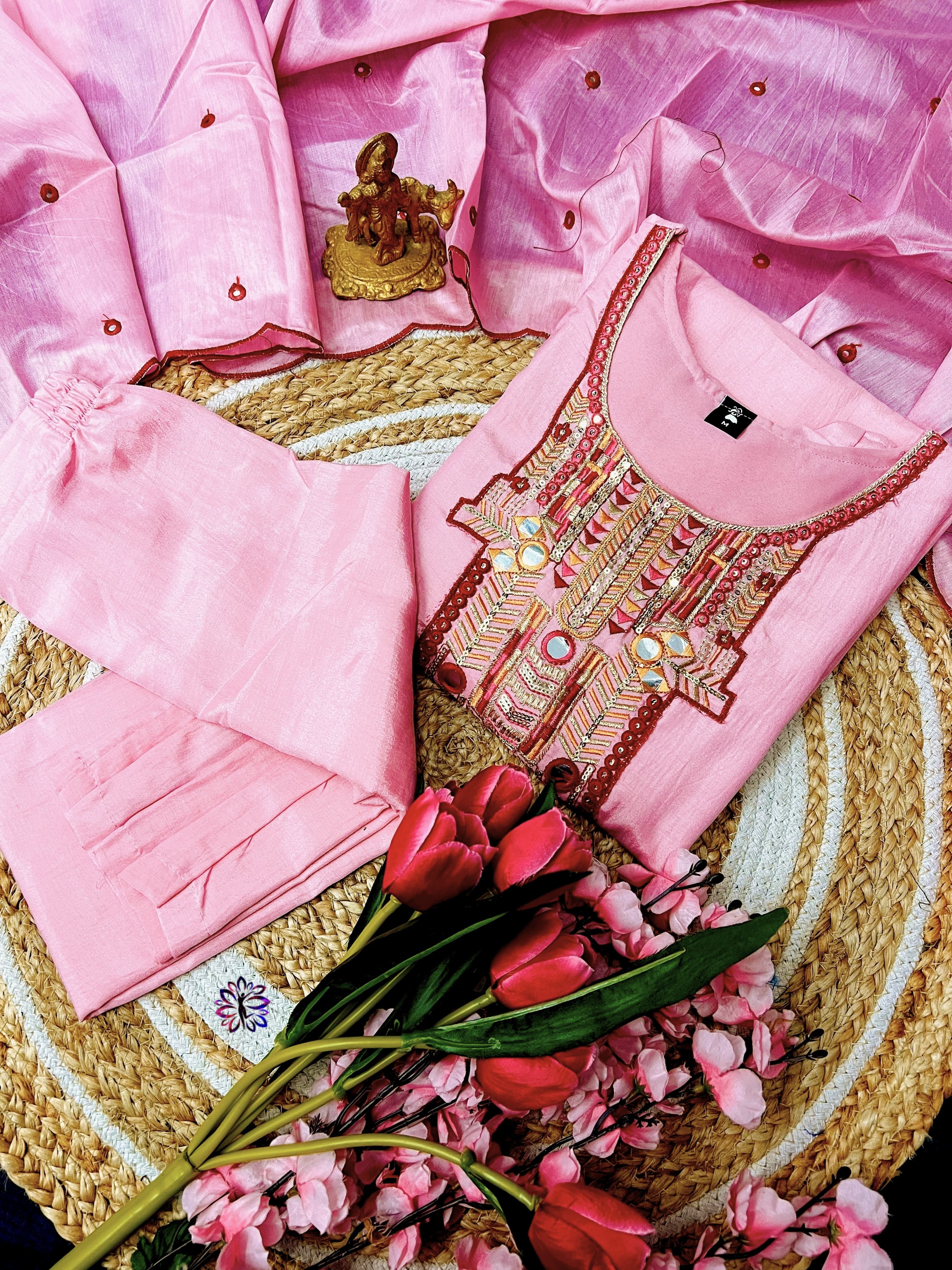 Cotton Silk Embroidered Suit Set with Chanderi Dupatta