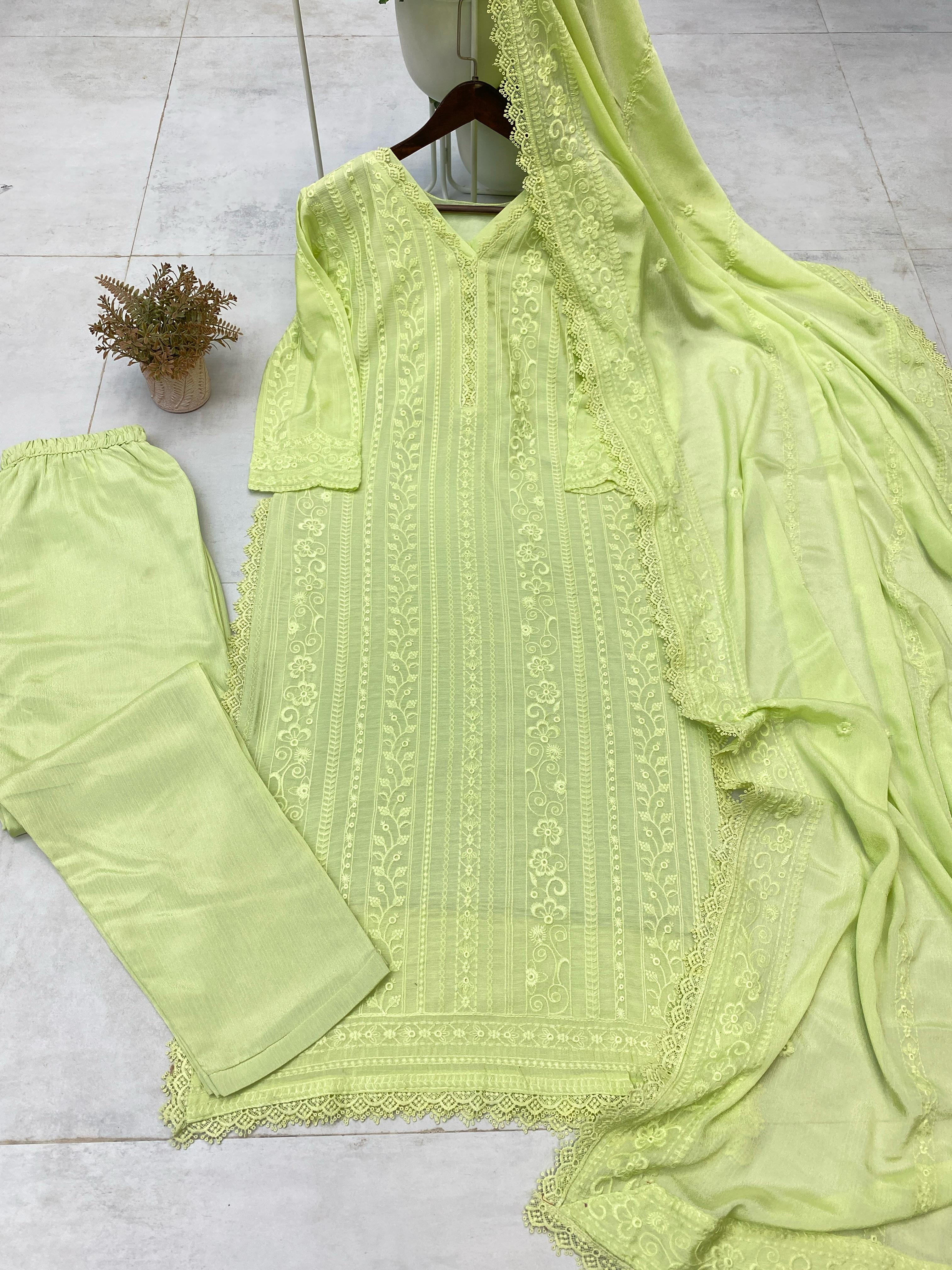 Beautiful Embroidered Chinon With Cotton Thread Suit Set