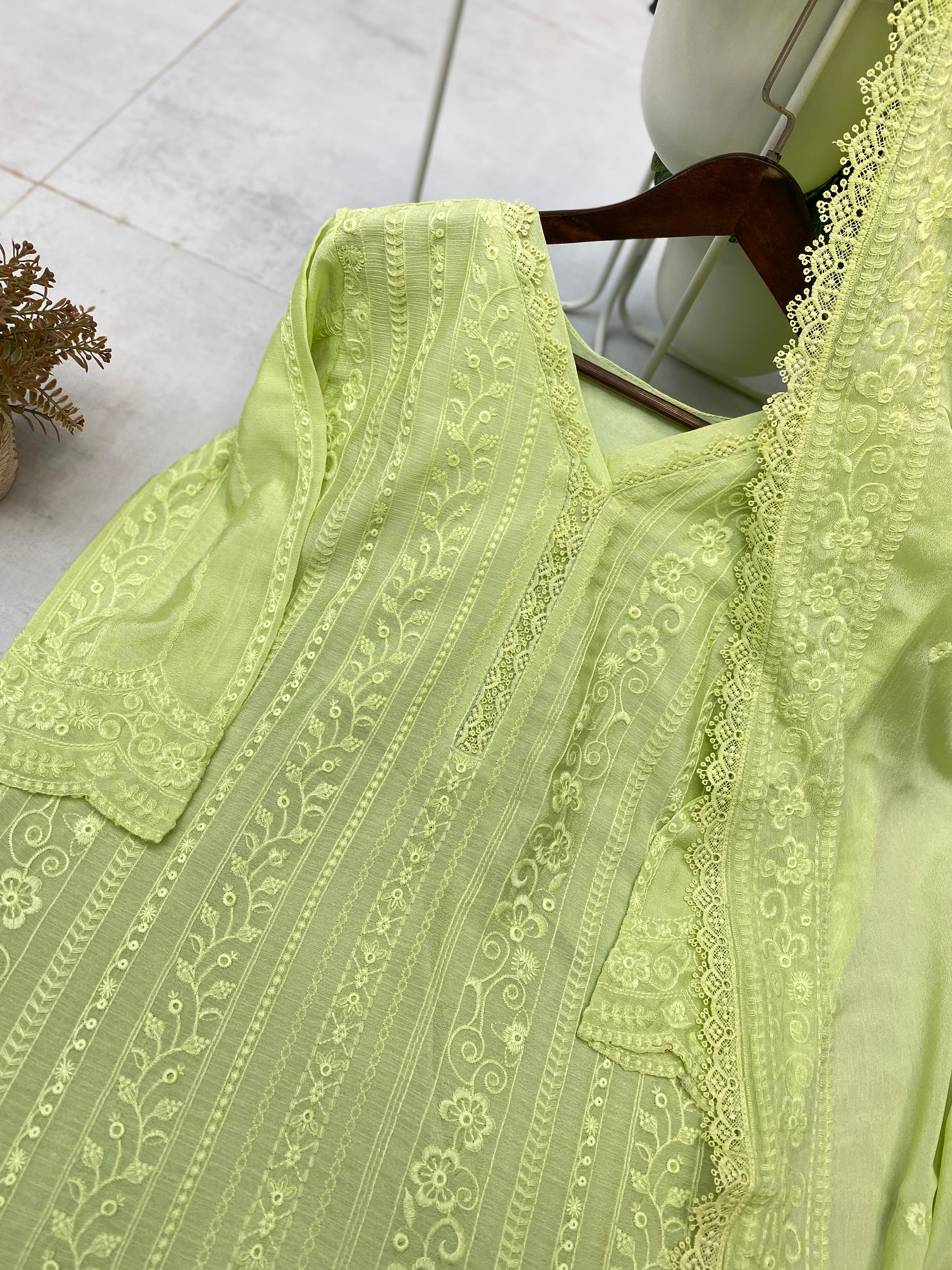 Beautiful Embroidered Chinon With Cotton Thread Suit Set
