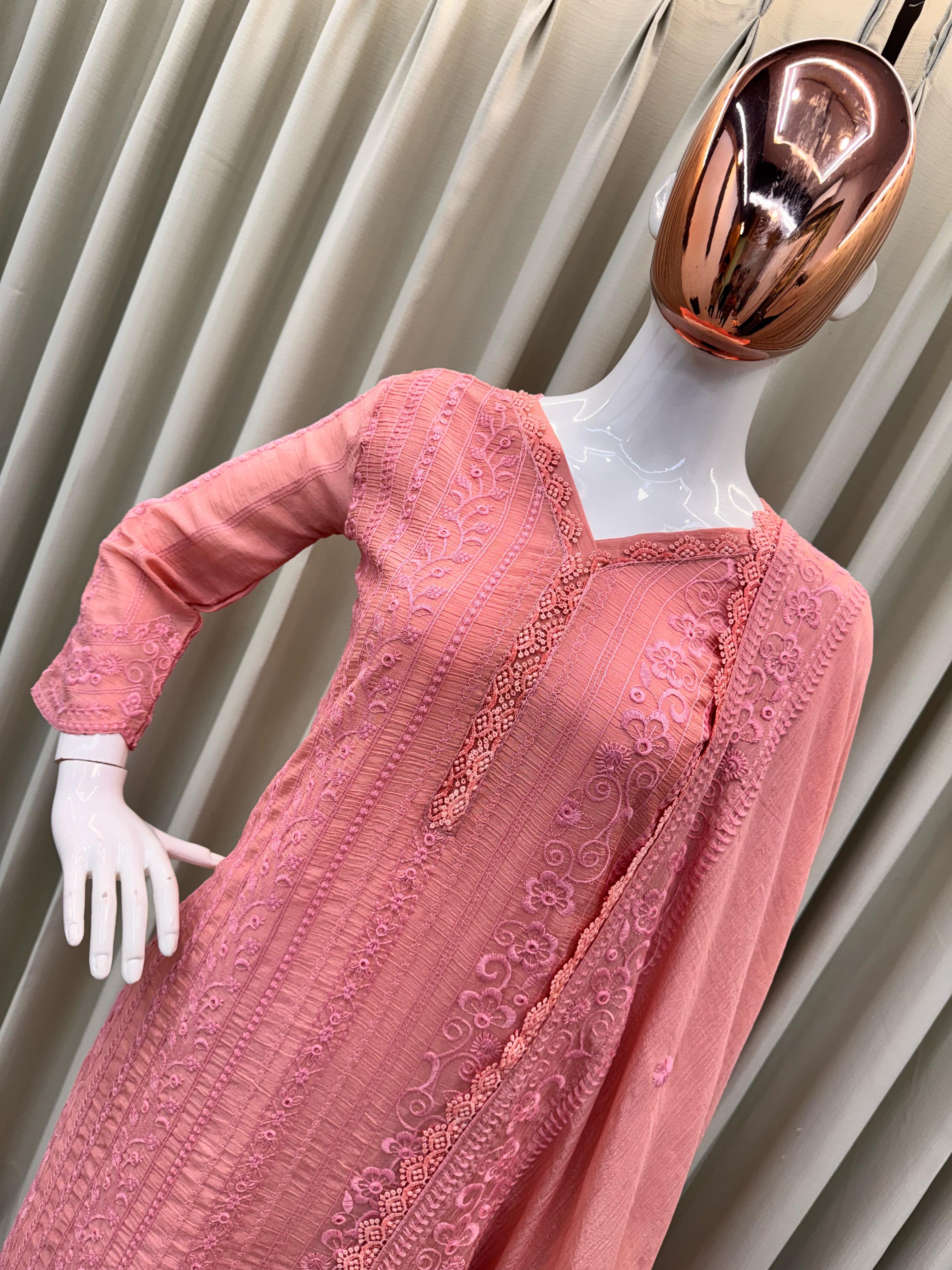 Beautiful Embroidered Chinon With Cotton Thread Suit Set