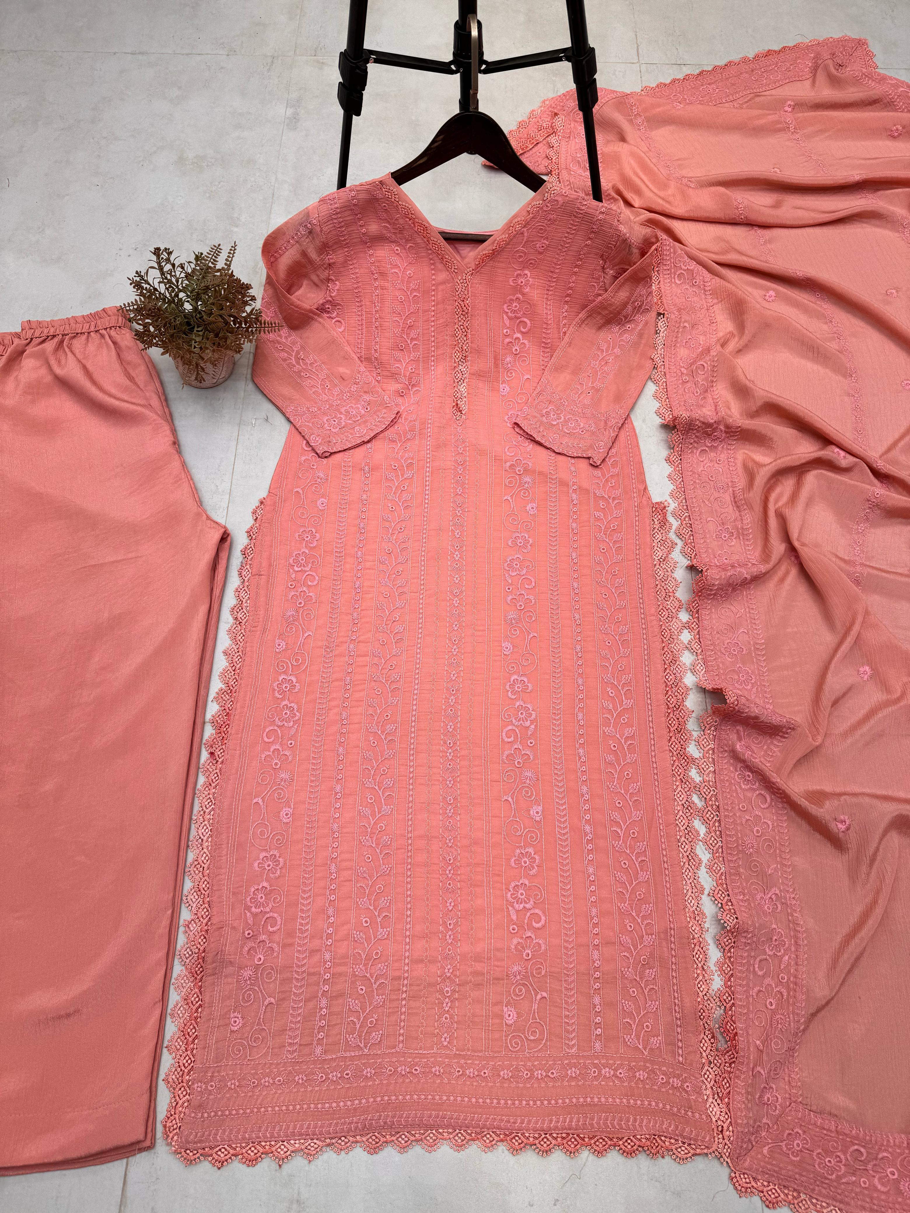 Beautiful Embroidered Chinon With Cotton Thread Suit Set