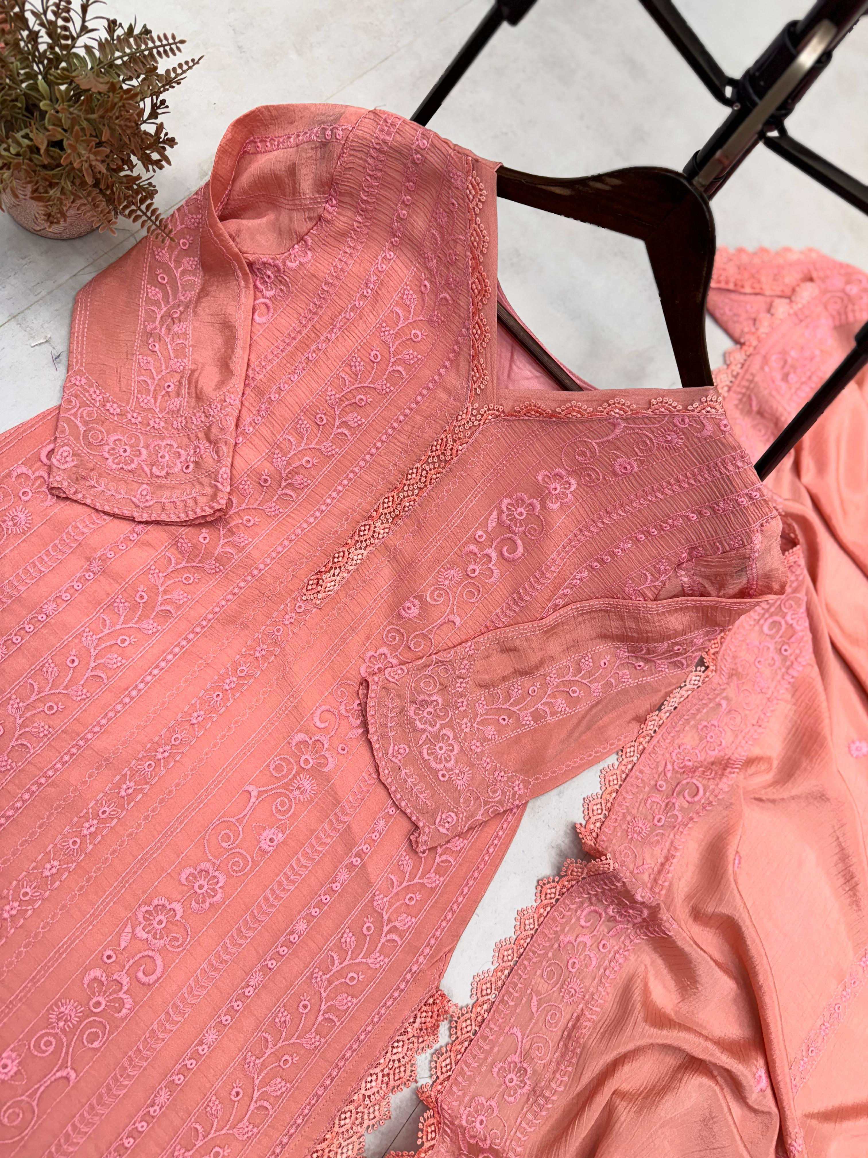 Beautiful Embroidered Chinon With Cotton Thread Suit Set