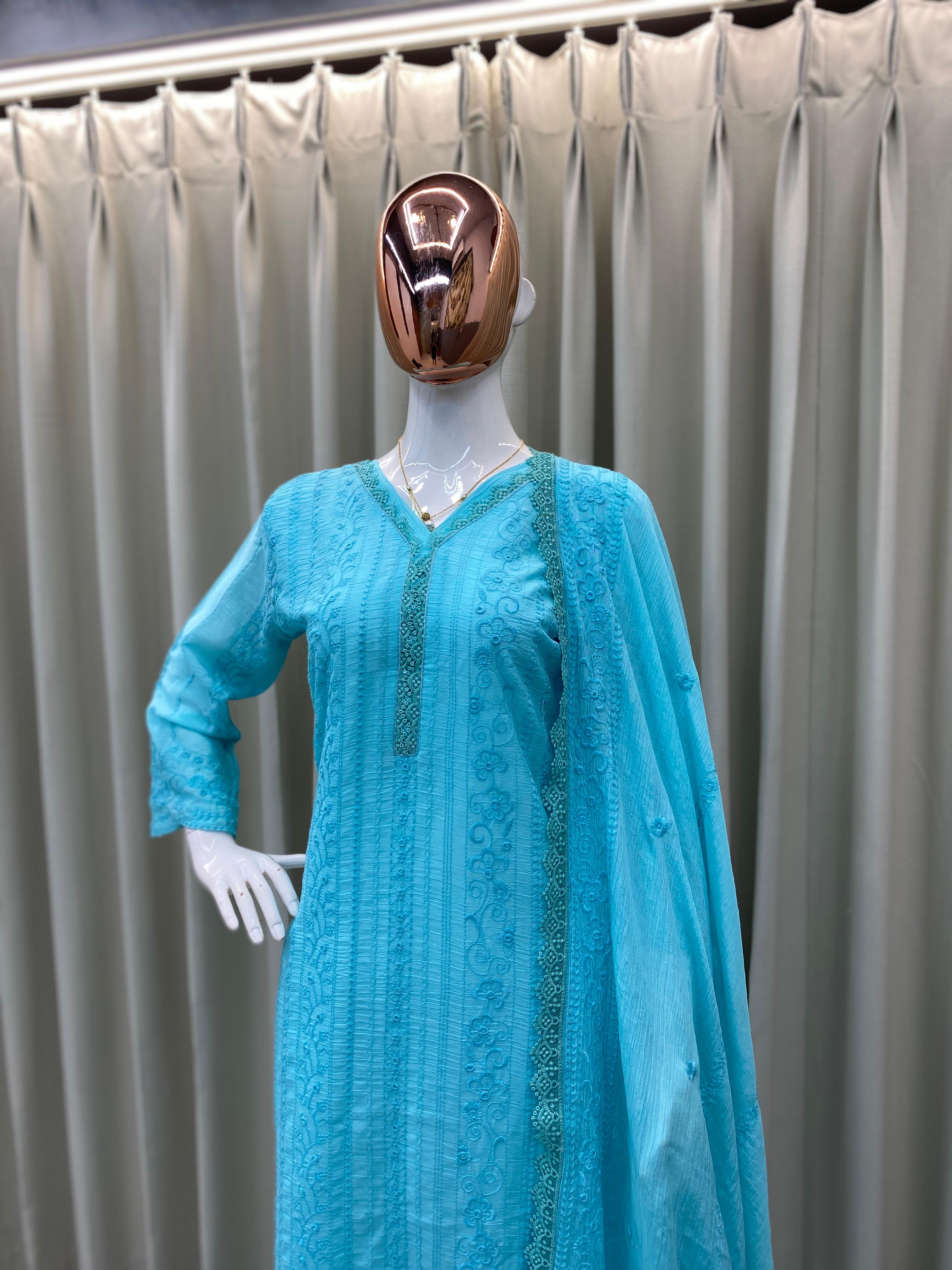 Beautiful Embroidered Chinon With Cotton Thread Suit Set