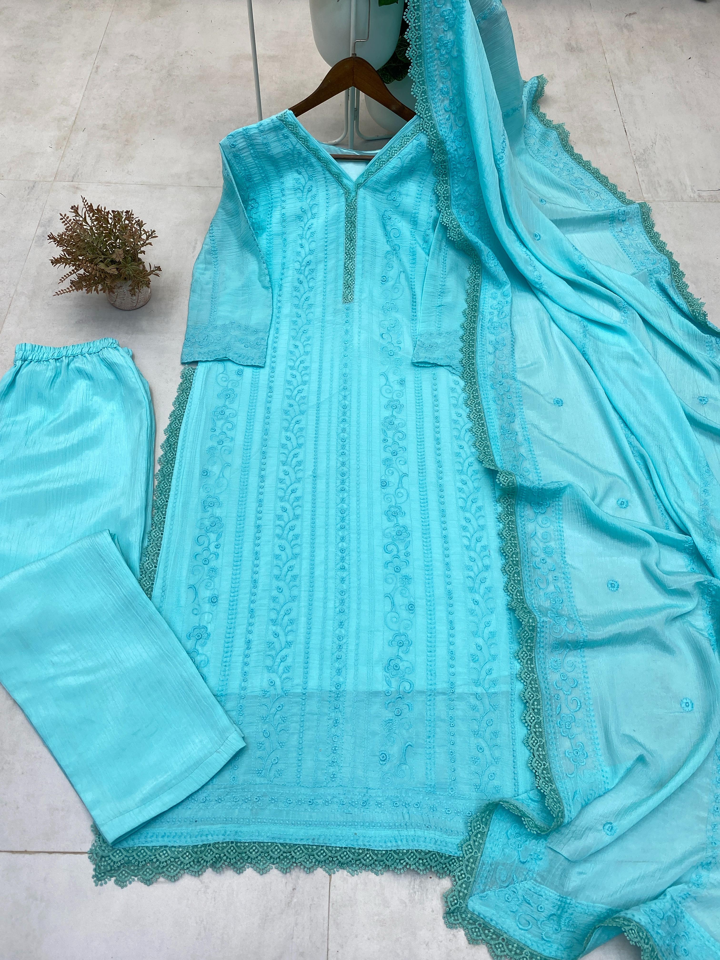 Beautiful Embroidered Chinon With Cotton Thread Suit Set