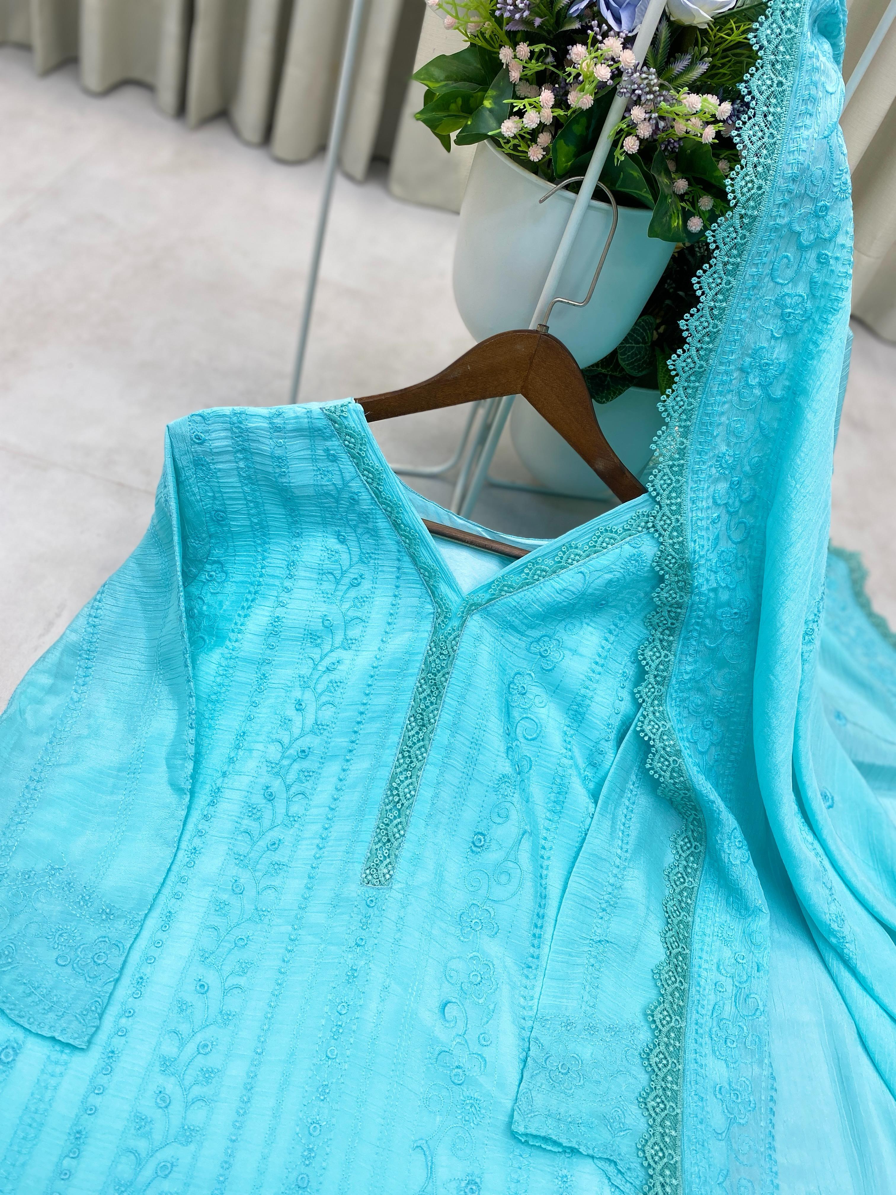 Beautiful Embroidered Chinon With Cotton Thread Suit Set
