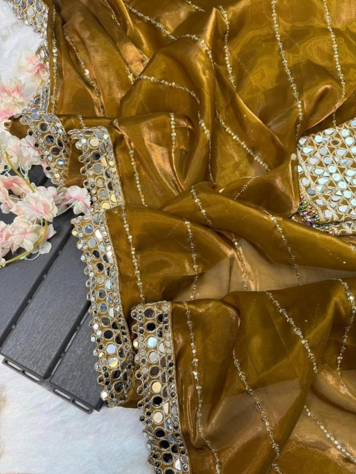✨ Mirror Magic Organza Embroidered Saree Set