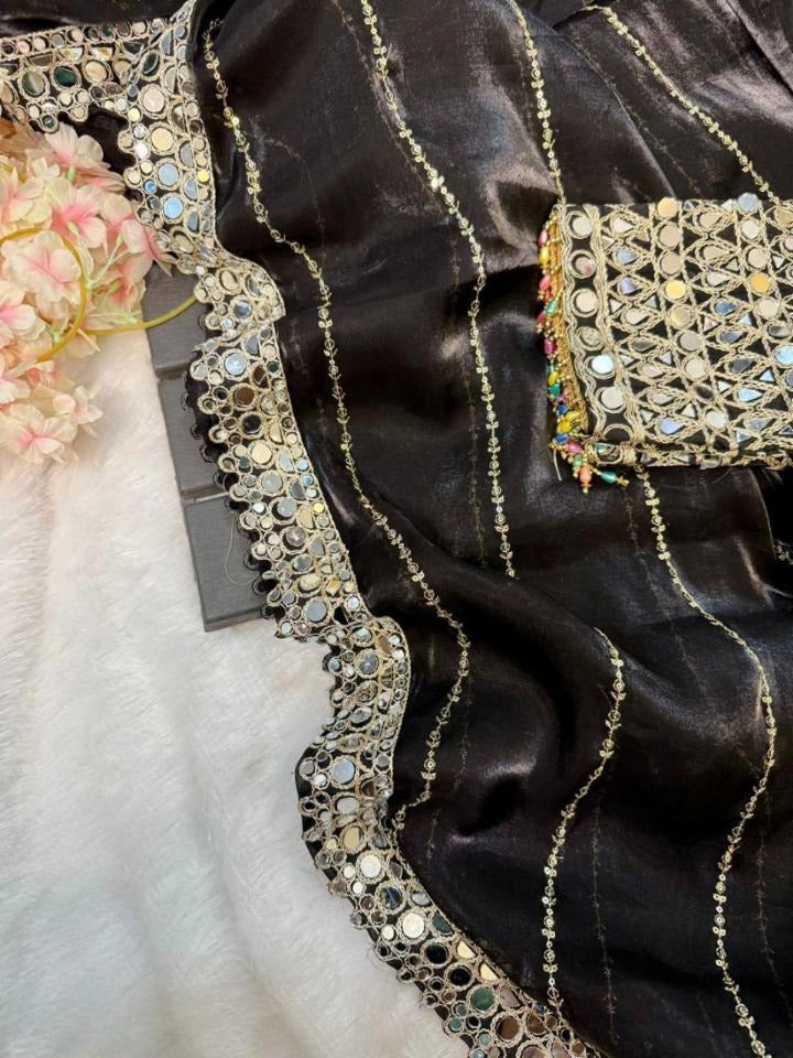 ✨ Mirror Magic Organza Embroidered Saree Set(Black)