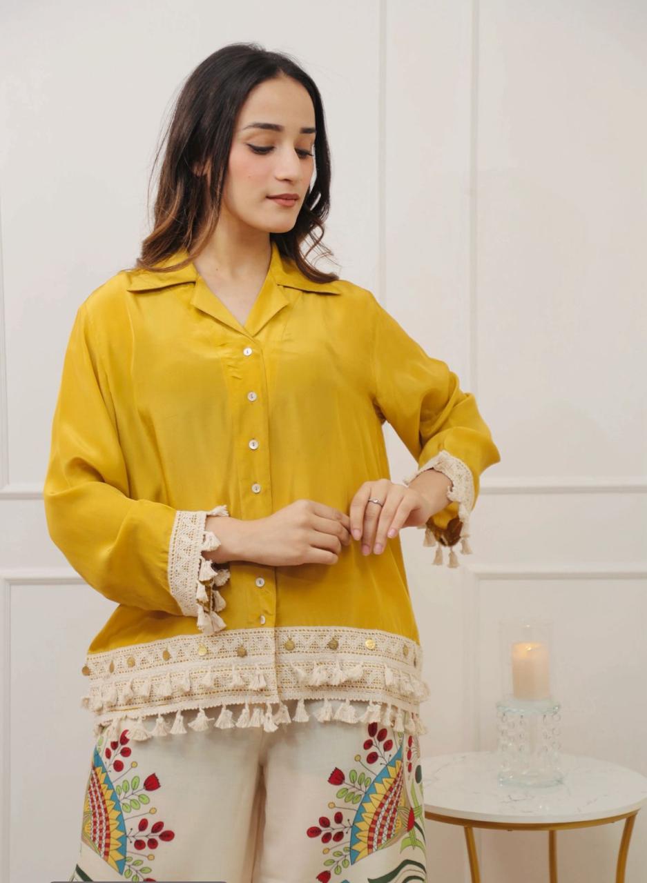 A-Cut Cotton Top with Lace & Digital Print Paired with Plazo | 3 Piece Set with Bracelet