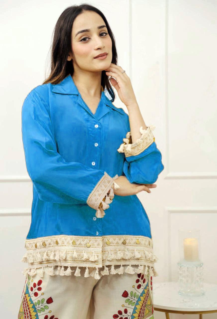 A-Cut Cotton Top with Lace & Digital Print Paired with Plazo | 3 Piece Set with Bracelet