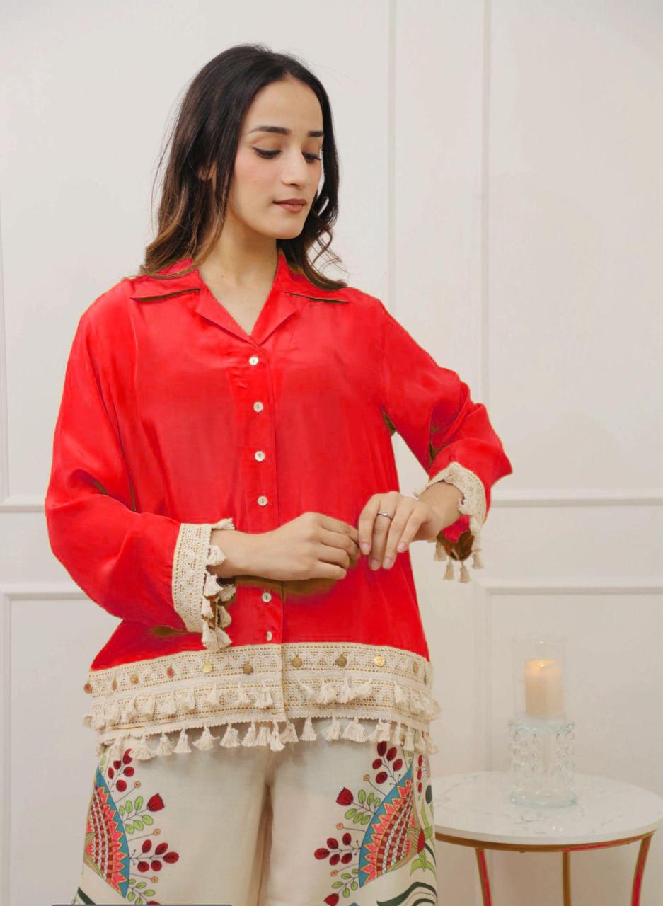 A-Cut Cotton Top with Lace & Digital Print Paired with Plazo | 3 Piece Set with Bracelet