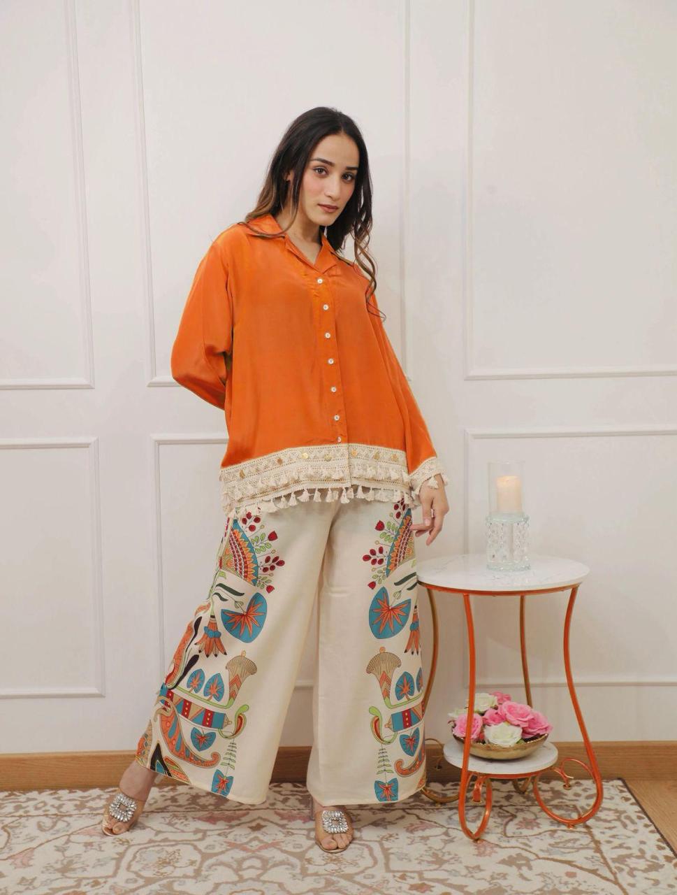 A-Cut Cotton Top with Lace & Digital Print Paired with Plazo | 3 Piece Set with Bracelet