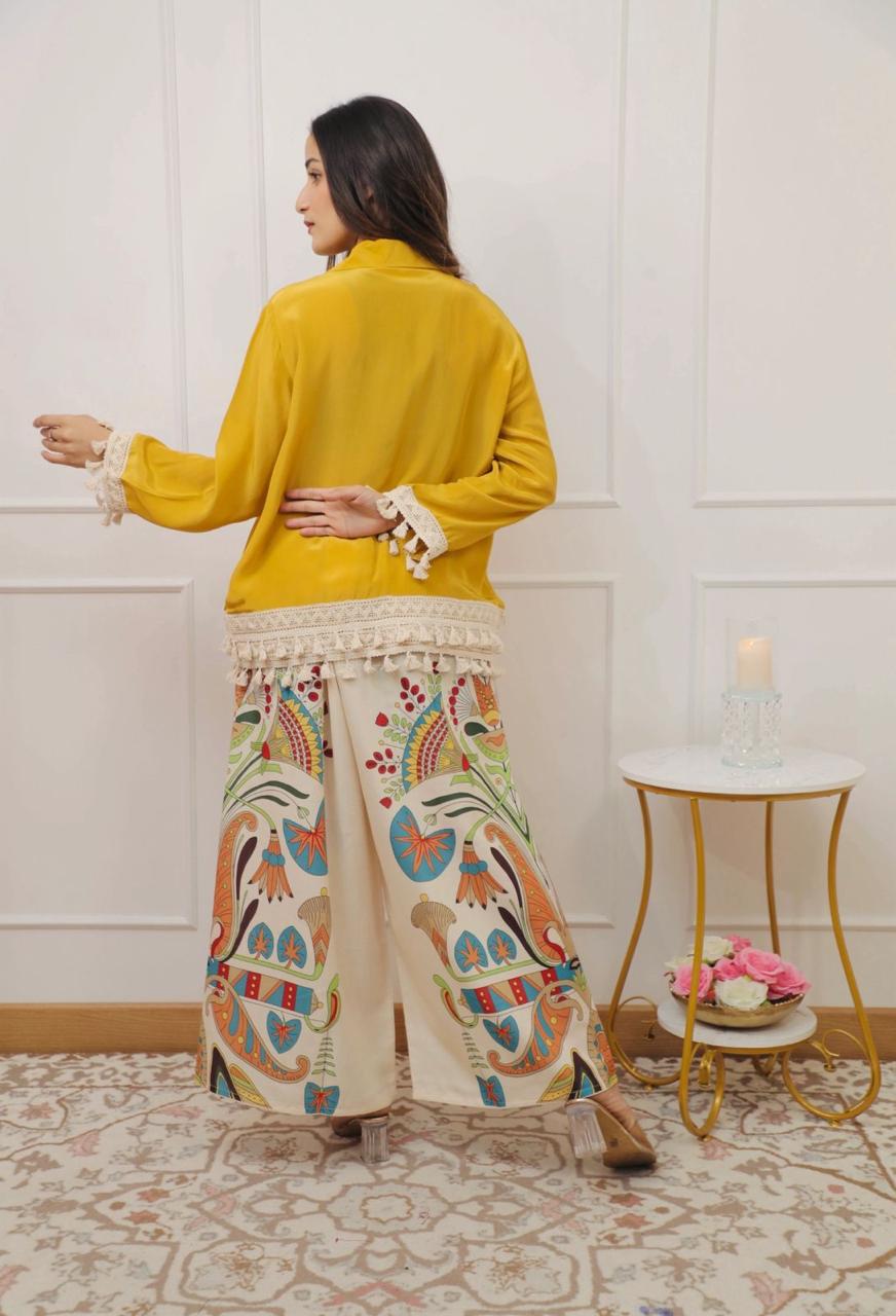 A-Cut Cotton Top with Lace & Digital Print Paired with Plazo | 3 Piece Set with Bracelet