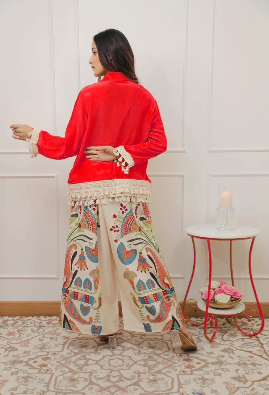 A-Cut Cotton Top with Lace & Digital Print Paired with Plazo | 3 Piece Set with Bracelet