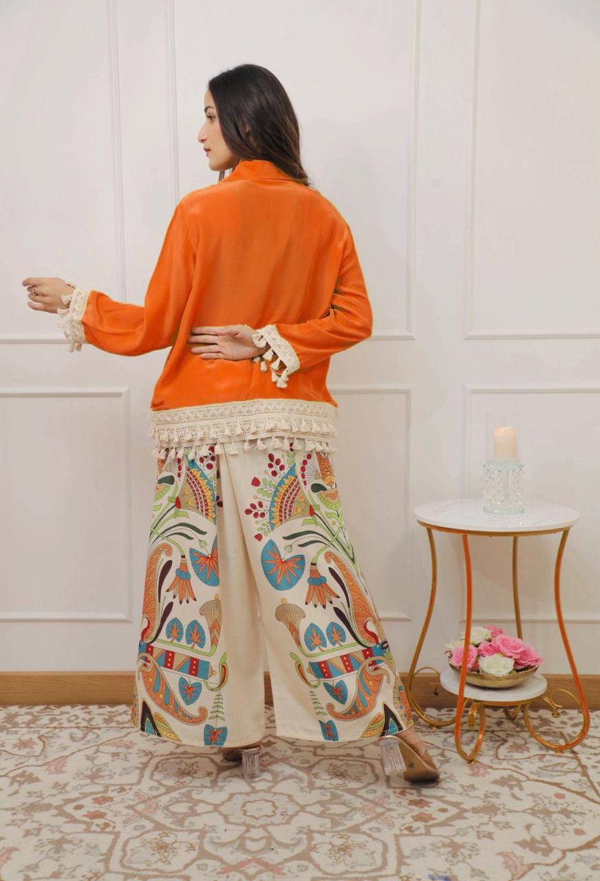A-Cut Cotton Top with Lace & Digital Print Paired with Plazo | 3 Piece Set with Bracelet