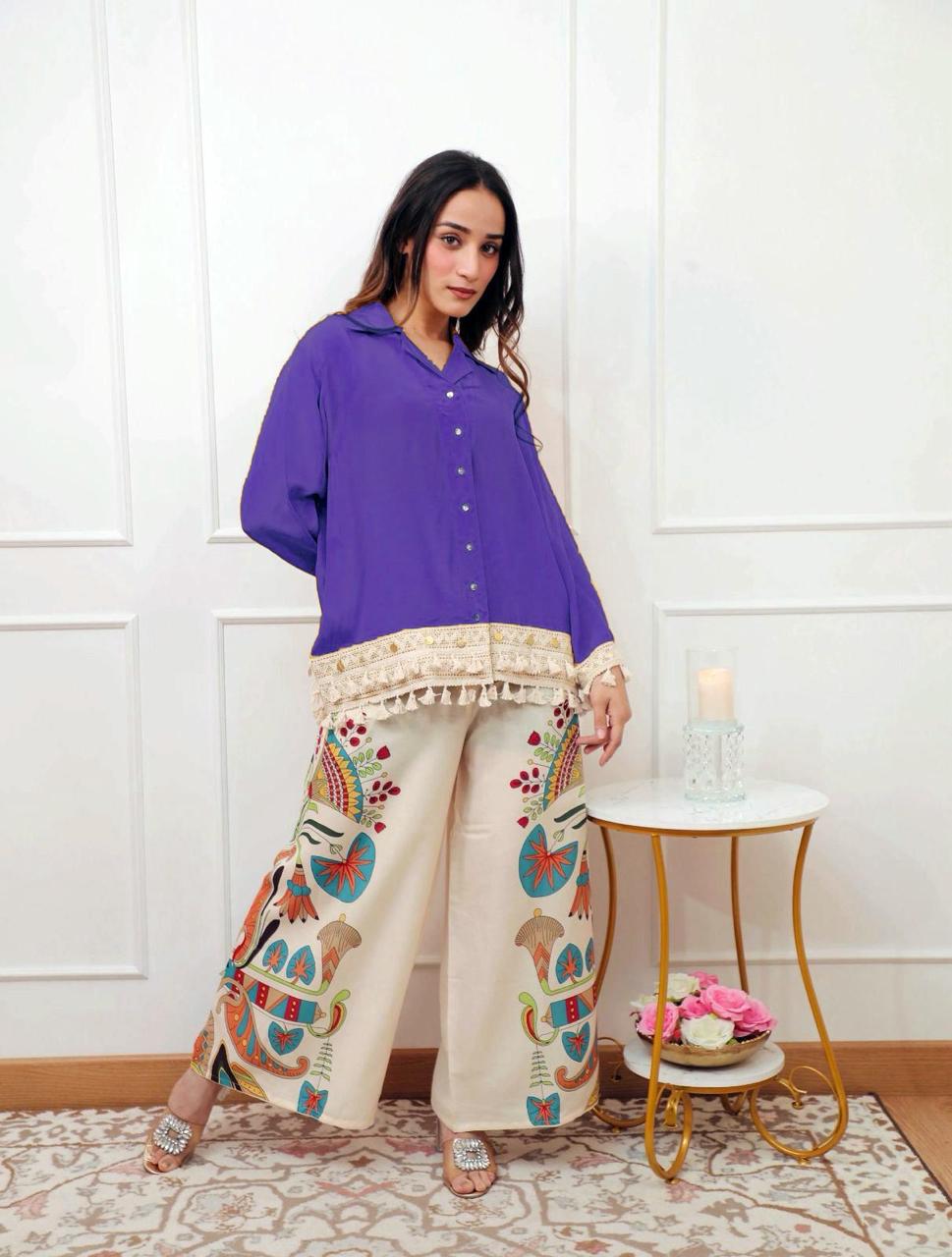 A-Cut Cotton Top with Lace & Digital Print Paired with Plazo | 3 Piece Set with Bracelet
