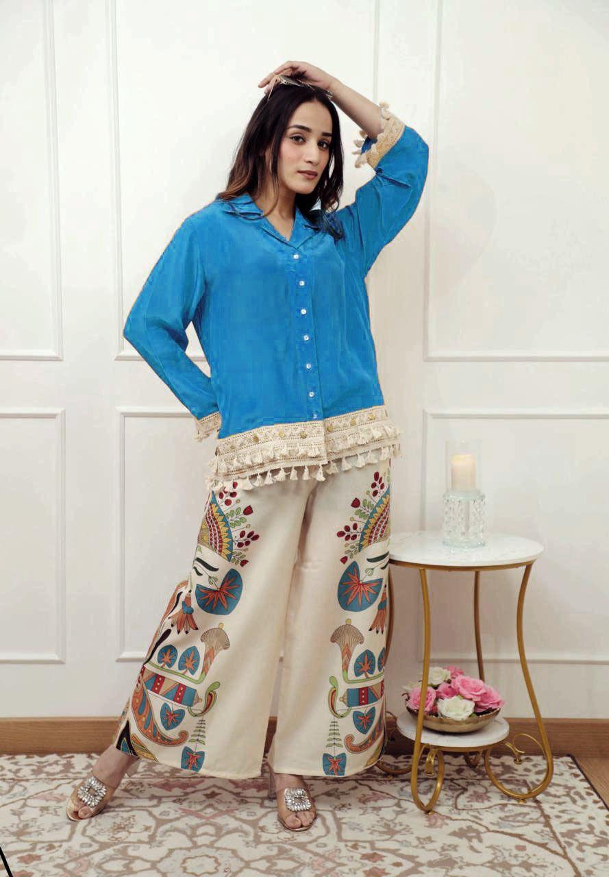 A-Cut Cotton Top with Lace & Digital Print Paired with Plazo | 3 Piece Set with Bracelet