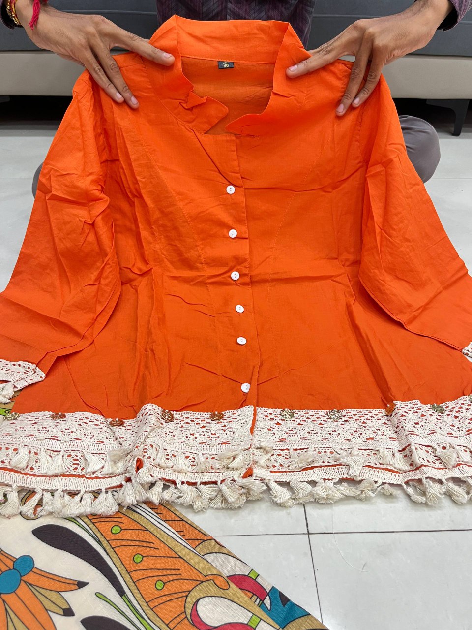 A-Cut Cotton Top with Lace & Digital Print Paired with Plazo | 3 Piece Set with Bracelet