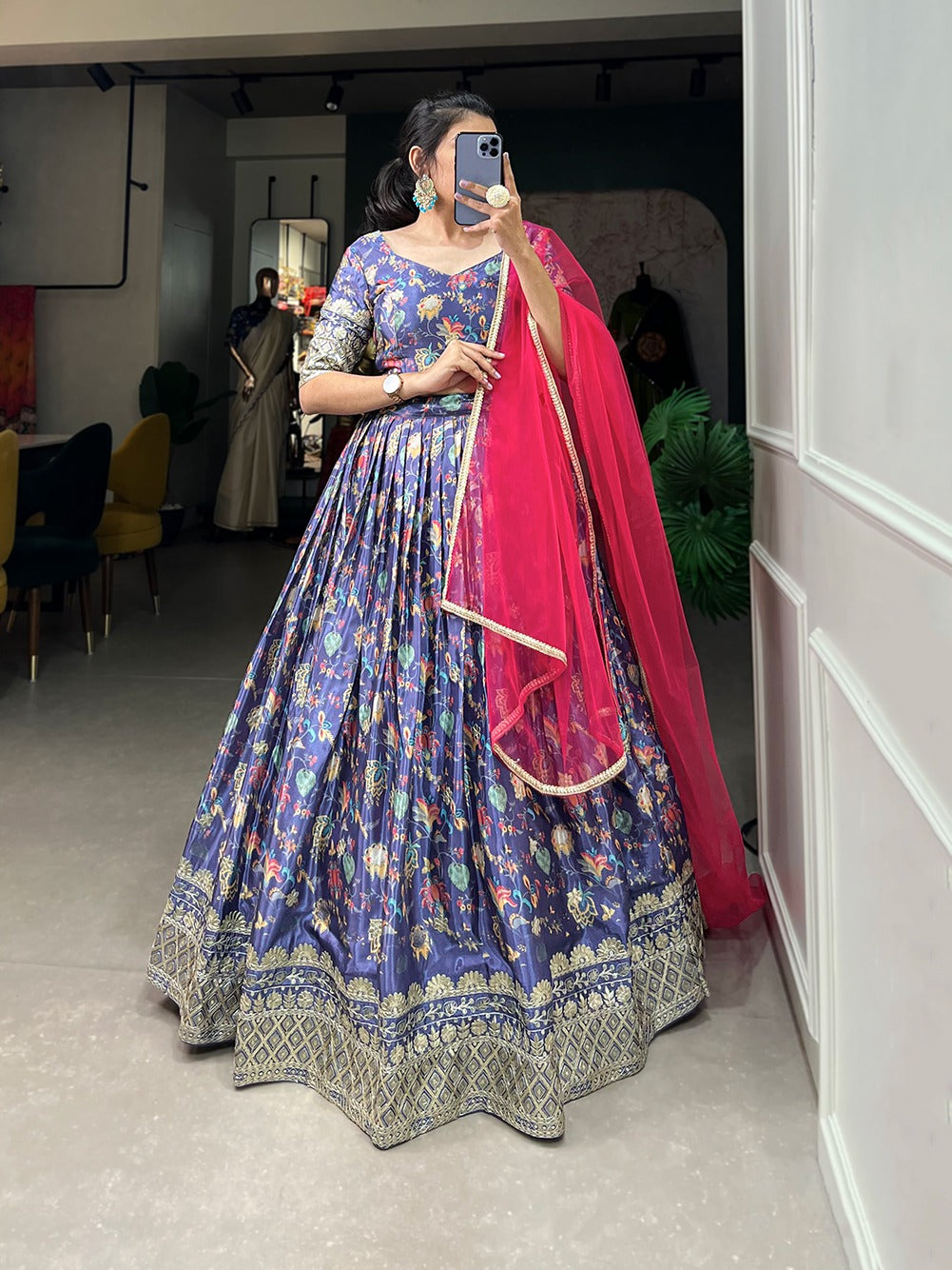 Chinon Embroidered Lehenga with Sequins Work & Net Dupatta