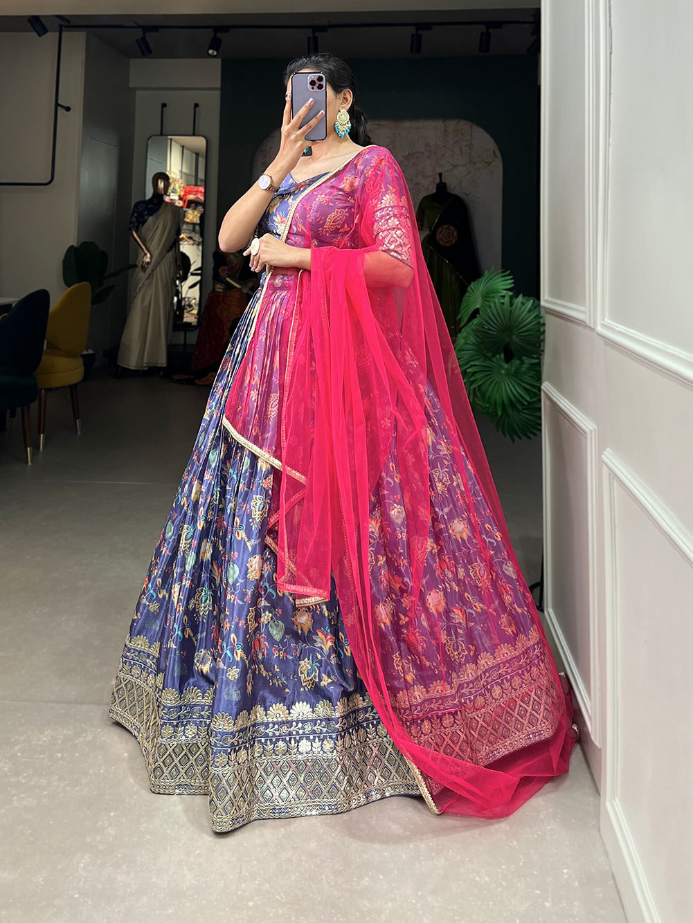 Chinon Embroidered Lehenga with Sequins Work & Net Dupatta