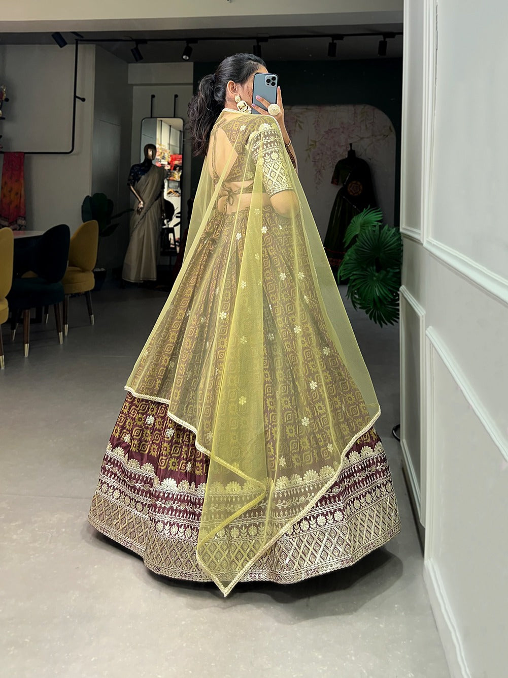Chinon Embroidered Lehenga with Sequins Work & Net Dupatta