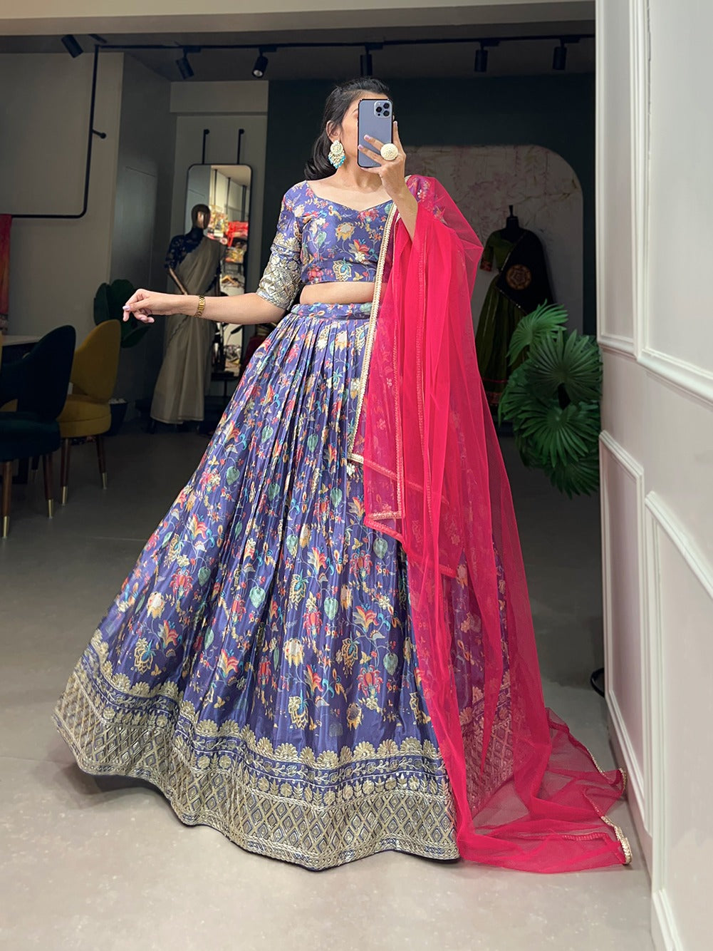 Chinon Embroidered Lehenga with Sequins Work & Net Dupatta