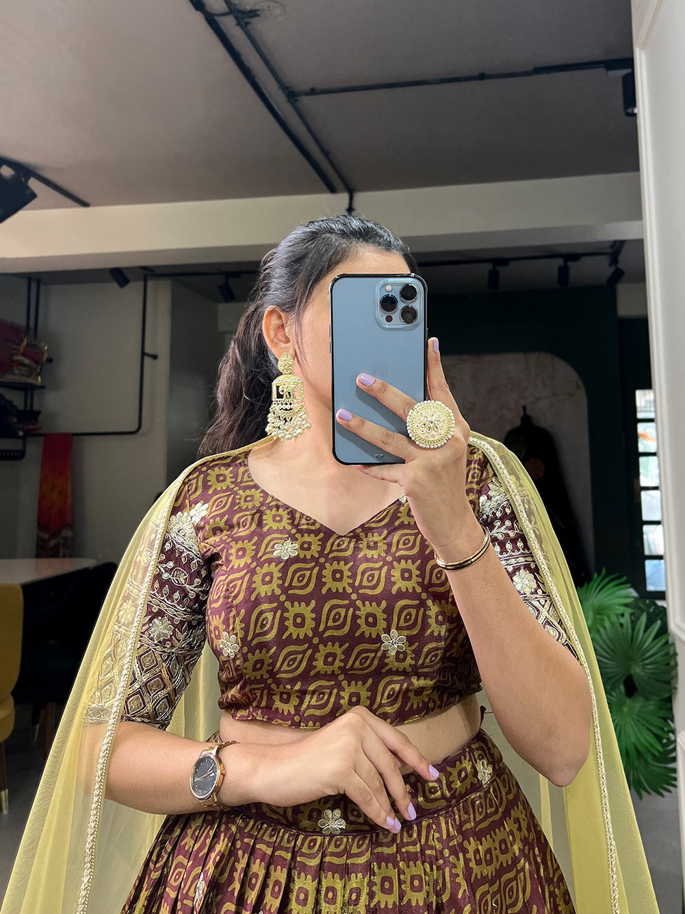 Chinon Embroidered Lehenga with Sequins Work & Net Dupatta