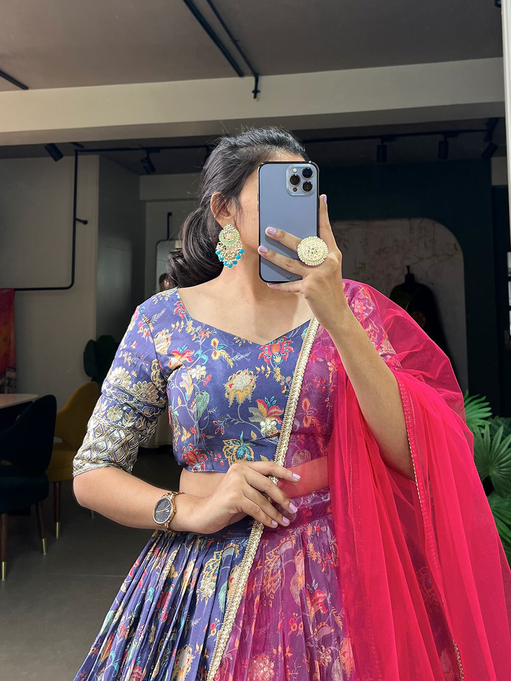 Chinon Embroidered Lehenga with Sequins Work & Net Dupatta