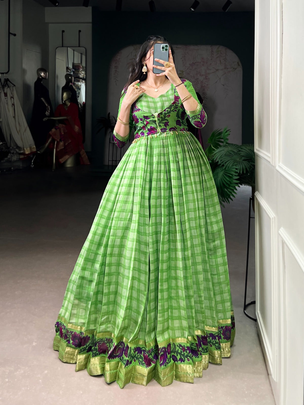 ✨ Elegant Printed Chanderi Gown with Stylish Koti ✨