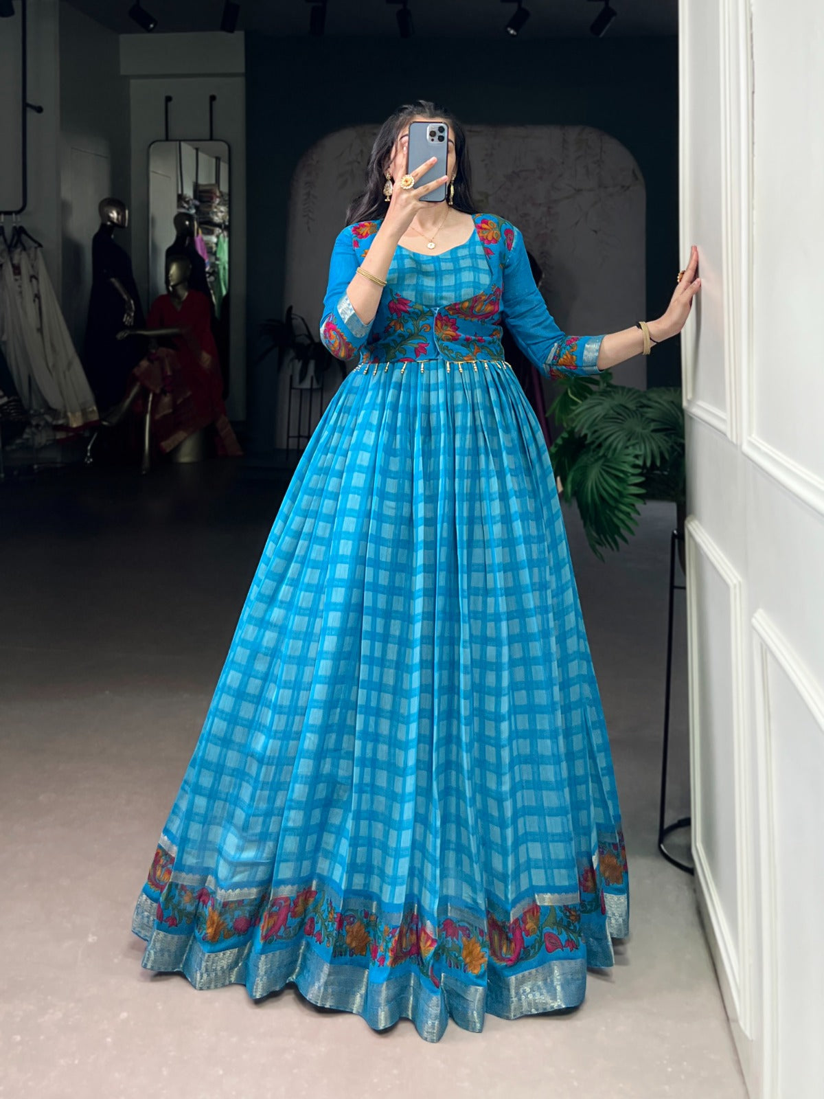✨ Elegant Printed Chanderi Gown with Stylish Koti ✨