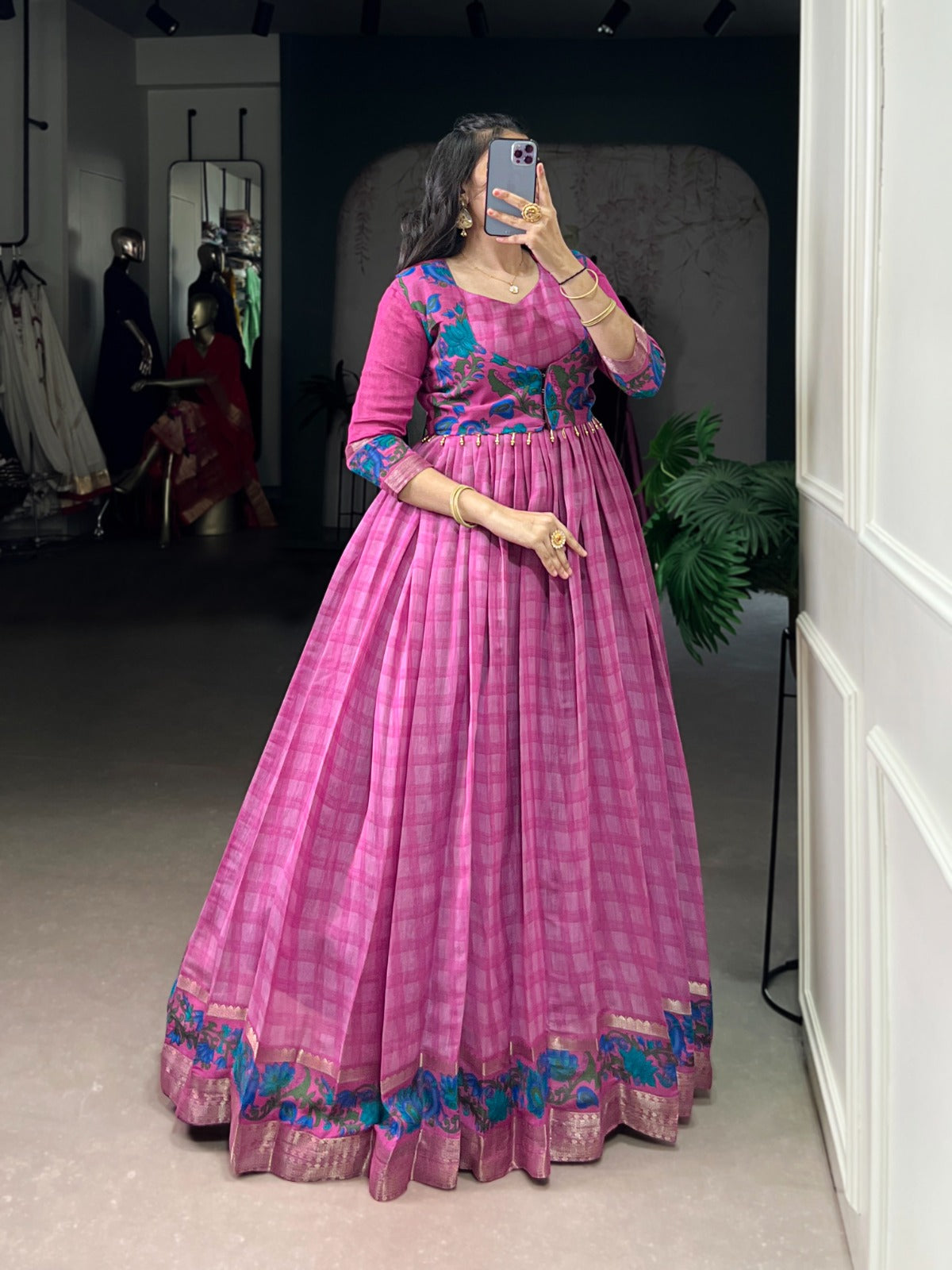 ✨ Elegant Printed Chanderi Gown with Stylish Koti ✨