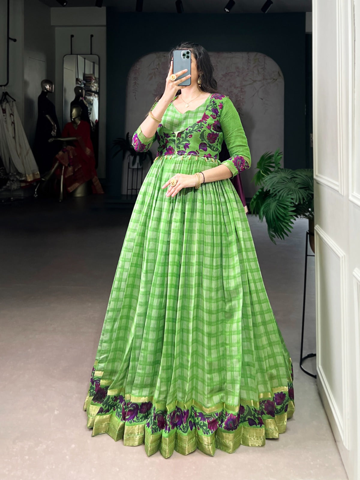 ✨ Elegant Printed Chanderi Gown with Stylish Koti ✨