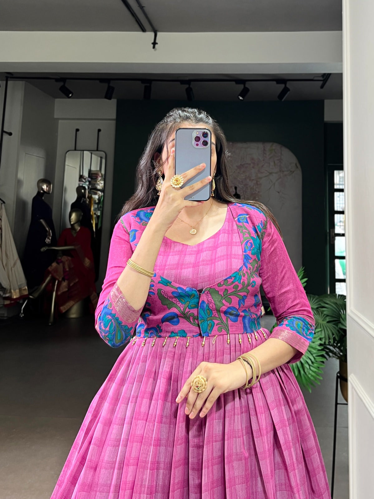 ✨ Elegant Printed Chanderi Gown with Stylish Koti ✨