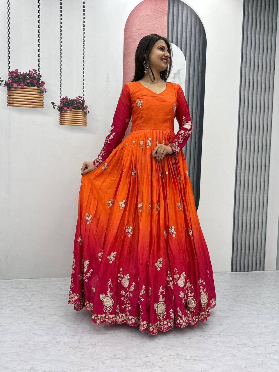 Heavy Chinon Gown with Sequence Embroidery and Dupatta