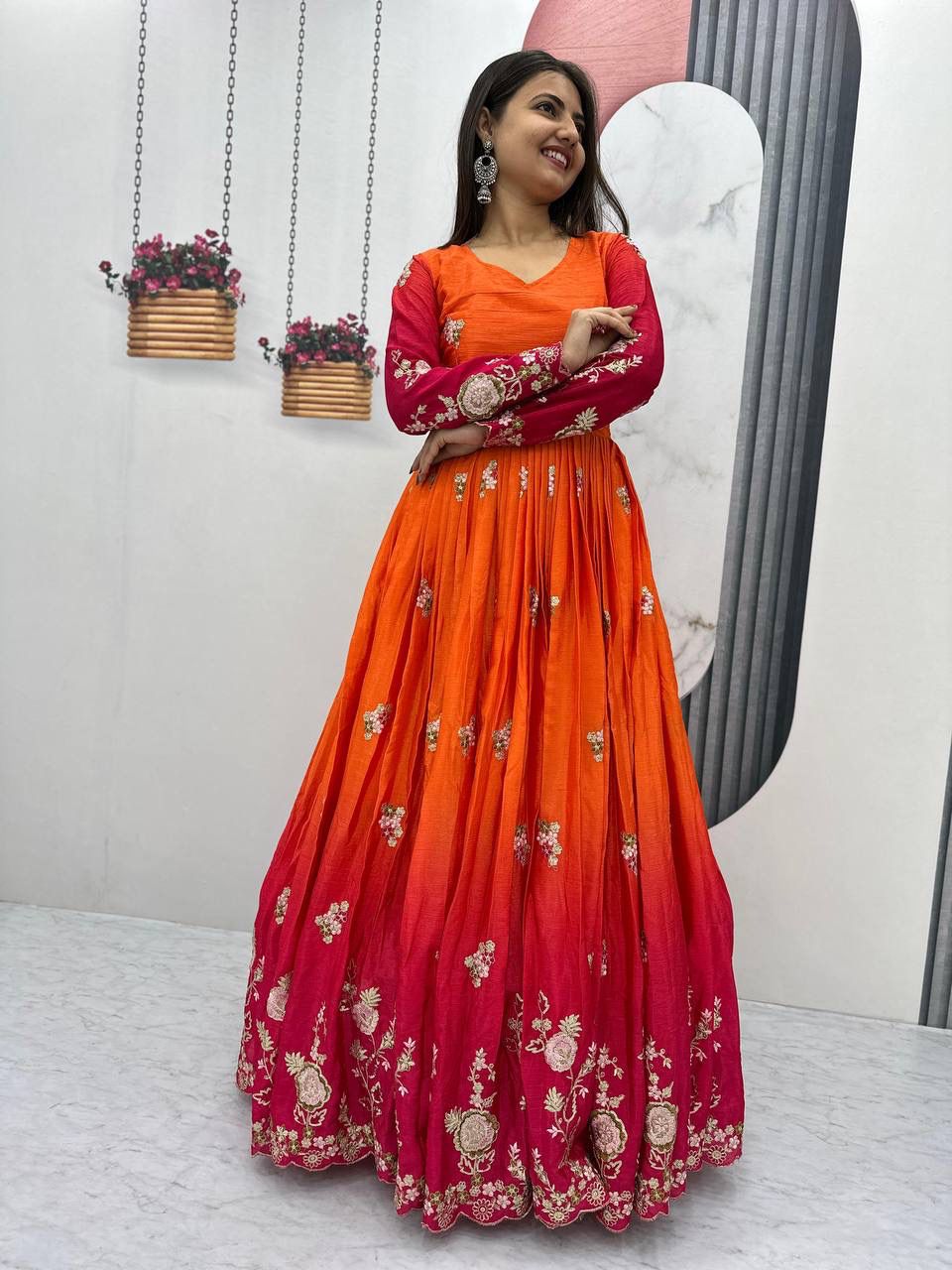 Heavy Chinon Gown with Sequence Embroidery and Dupatta