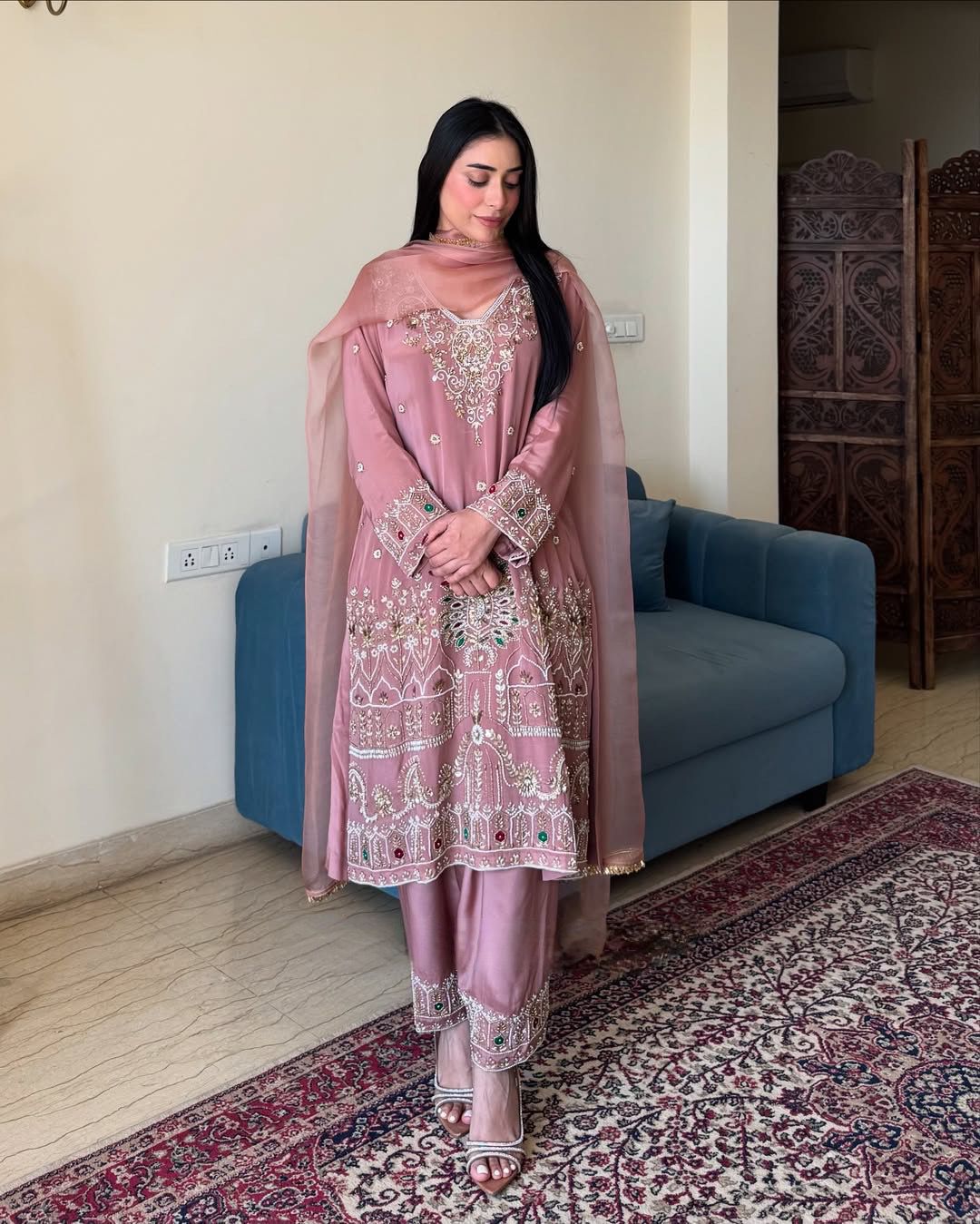 French Crape Embroidered Suit Set Front View