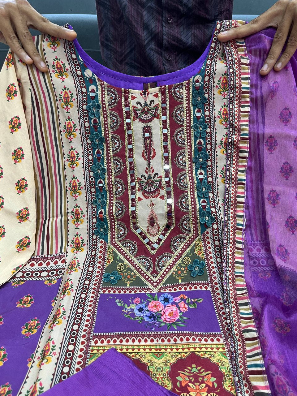 Pure Chinon Kurti Plazzo Set with Dupatta & Moti Mala